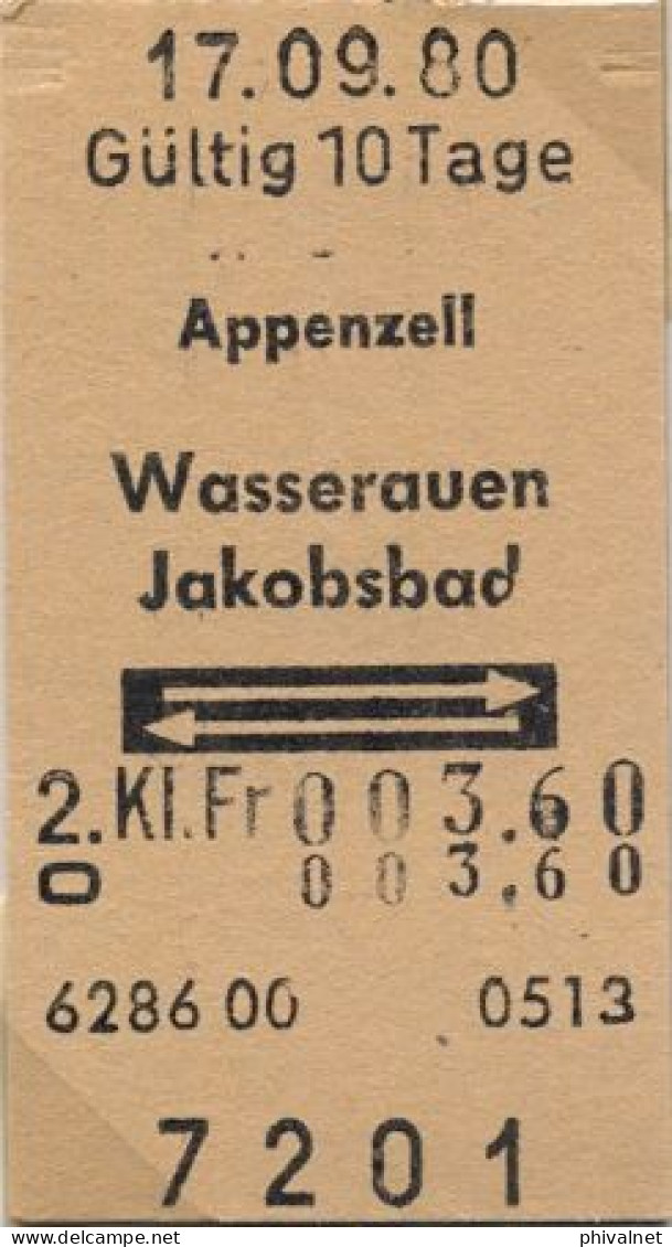 17/09/80 , APPENZELL - WASSERAUEN , JAKOBSBAD , TICKET DE FERROCARRIL , TREN , TRAIN , RAILWAYS - Europe