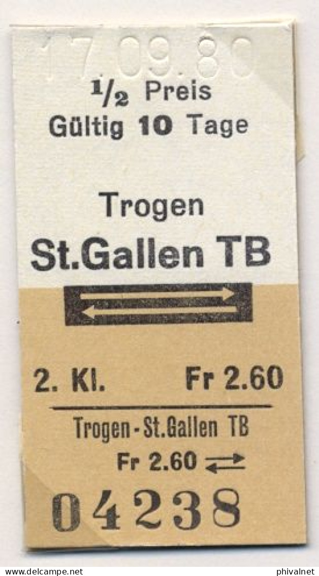 17/09/80 , TROGEN - ST. GALLEN , TICKET DE FERROCARRIL , TREN , TRAIN , RAILWAYS - Europa