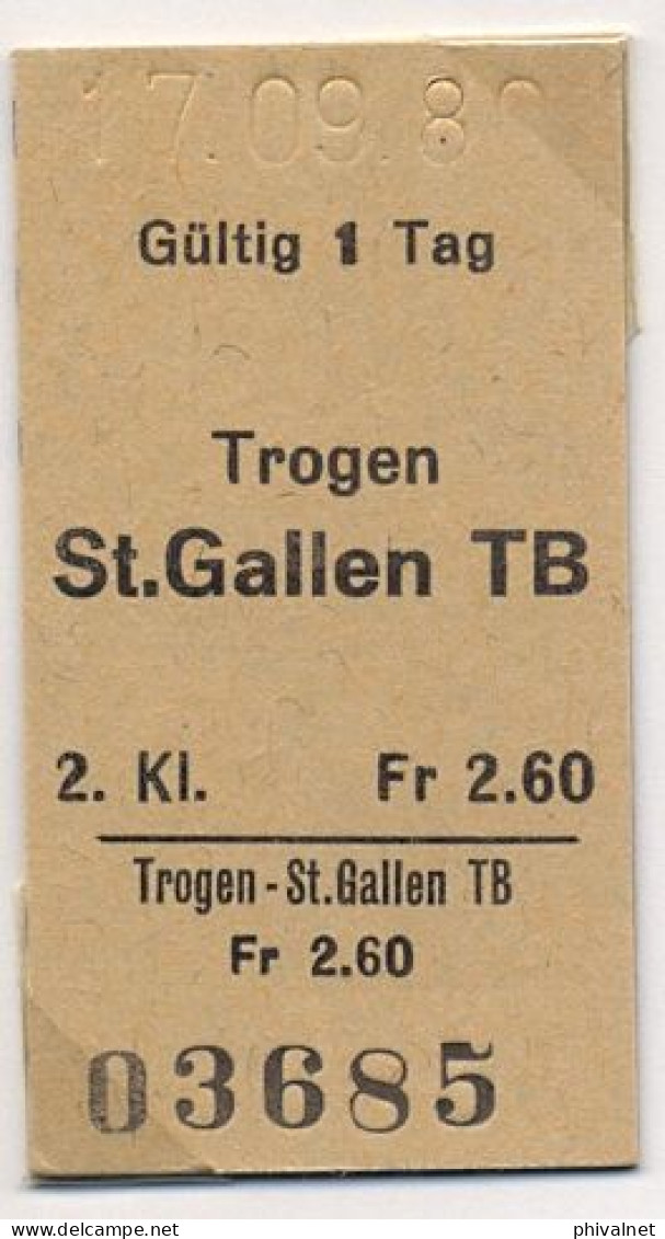 17/09/80 , TROGEN - ST. GALLEN , TICKET DE FERROCARRIL , TREN , TRAIN , RAILWAYS - Europa