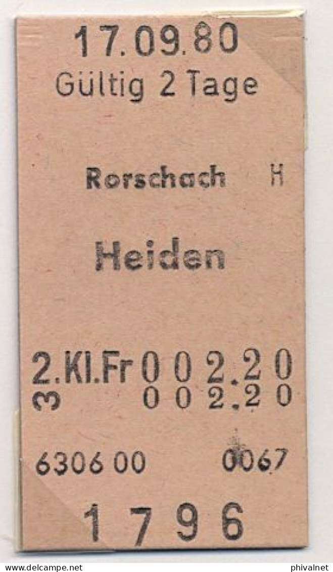 17/09/80 , RORSCHACH - HEIDEN  , TICKET DE FERROCARRIL , TREN , TRAIN , RAILWAYS - Europa