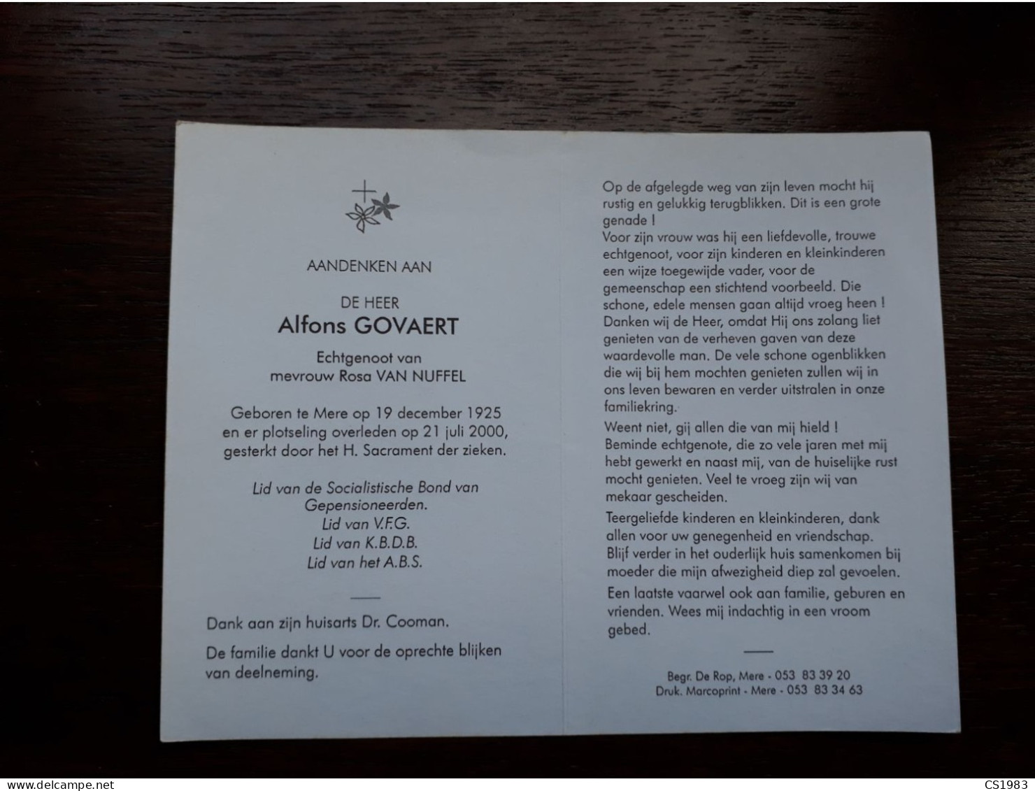 Alfons Govaert ° Mere 1925 + Mere 2000 X Rosa Van Nuffel - Obituary Notices