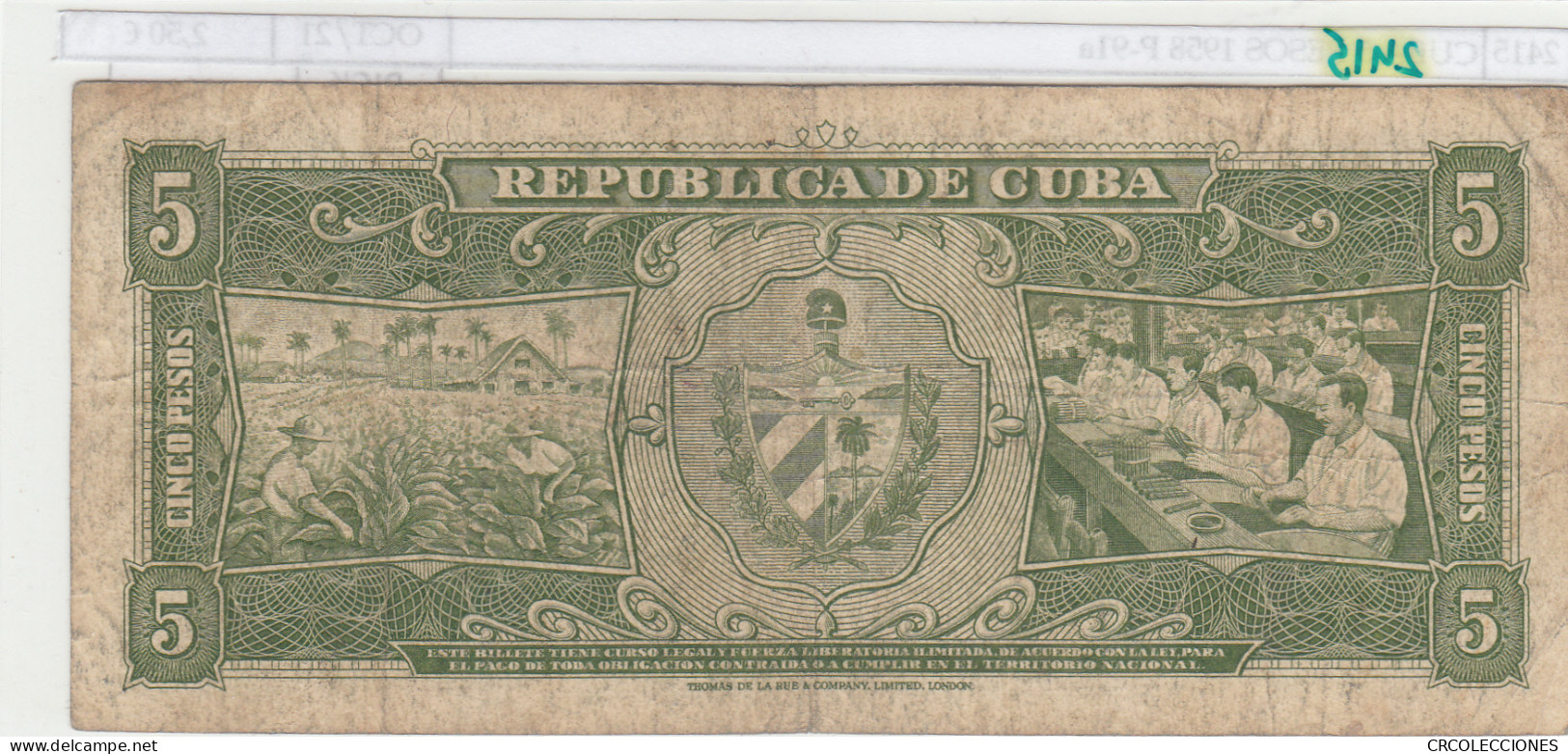 BILLETE CUBA 5 PESOS 1958 P-91a - Sonstige – Amerika