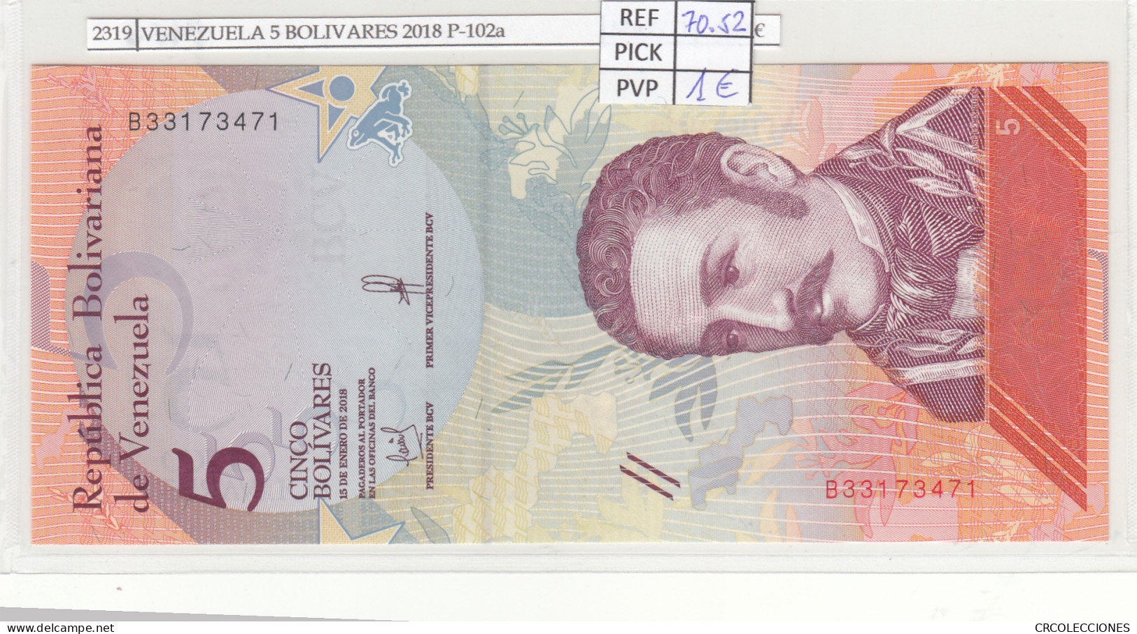 BILLETE VENEZUELA 5 BOLIVARES 2018 P-102a - Otros – América