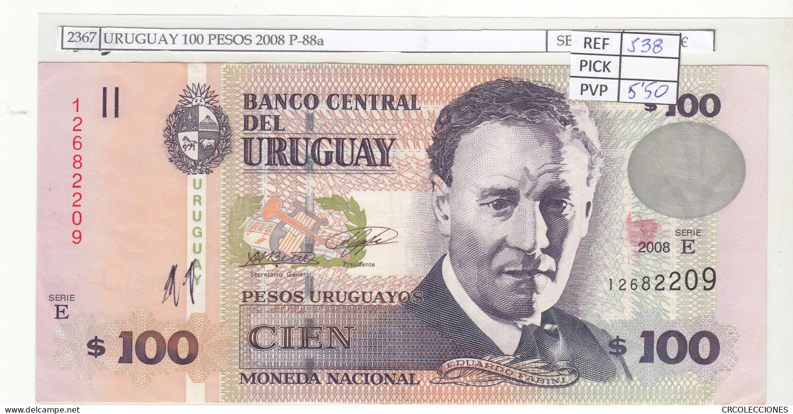 BILLETE URUGUAY 100 PESOS 2008 P-88a - Altri – America