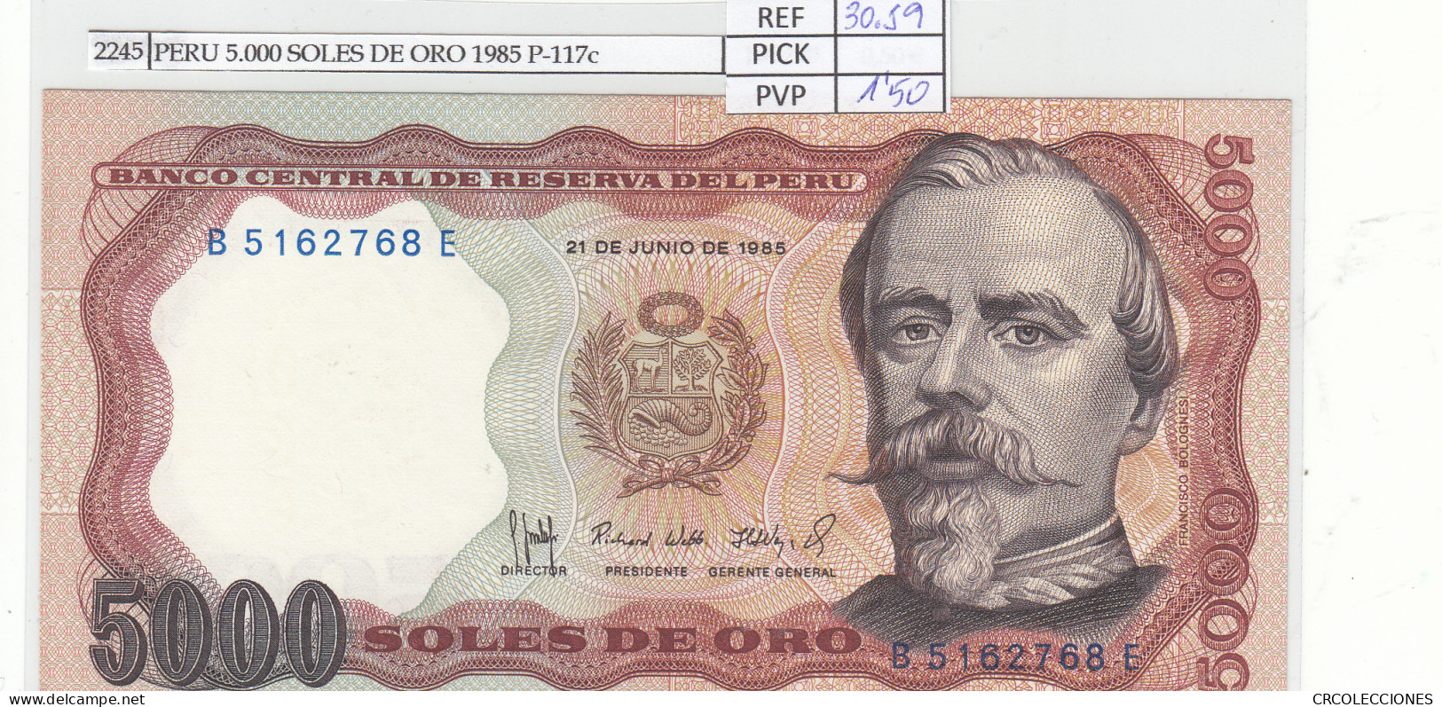 BILLETE PERU 5.000 SOLES DE ORO 1985 P-117c - Otros – América