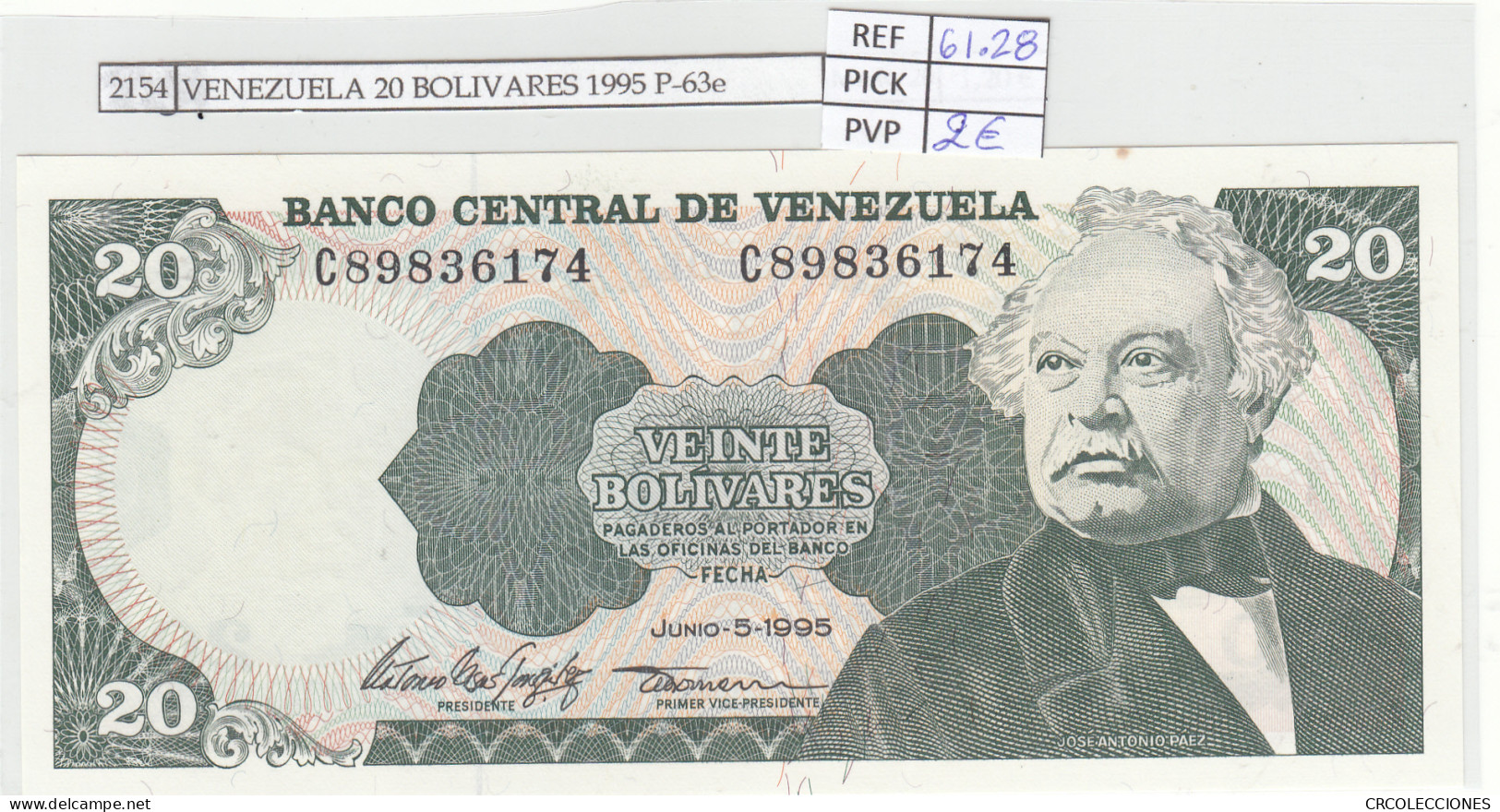 BILLETE VENEZUELA 20 BOLIVARES 1995 P-63e - Altri – America