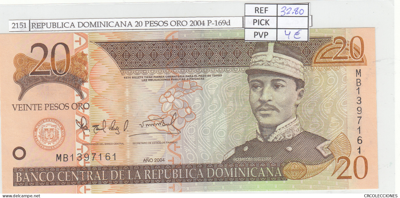 BILLETE REPUBLICA DOMINICANA 20 PESOS ORO 2004 P-169d - Altri – America