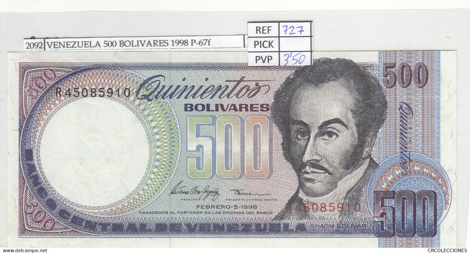 BILLETE VENEZUELA 500 BOLIVARES 1998 P-67f - Other - America