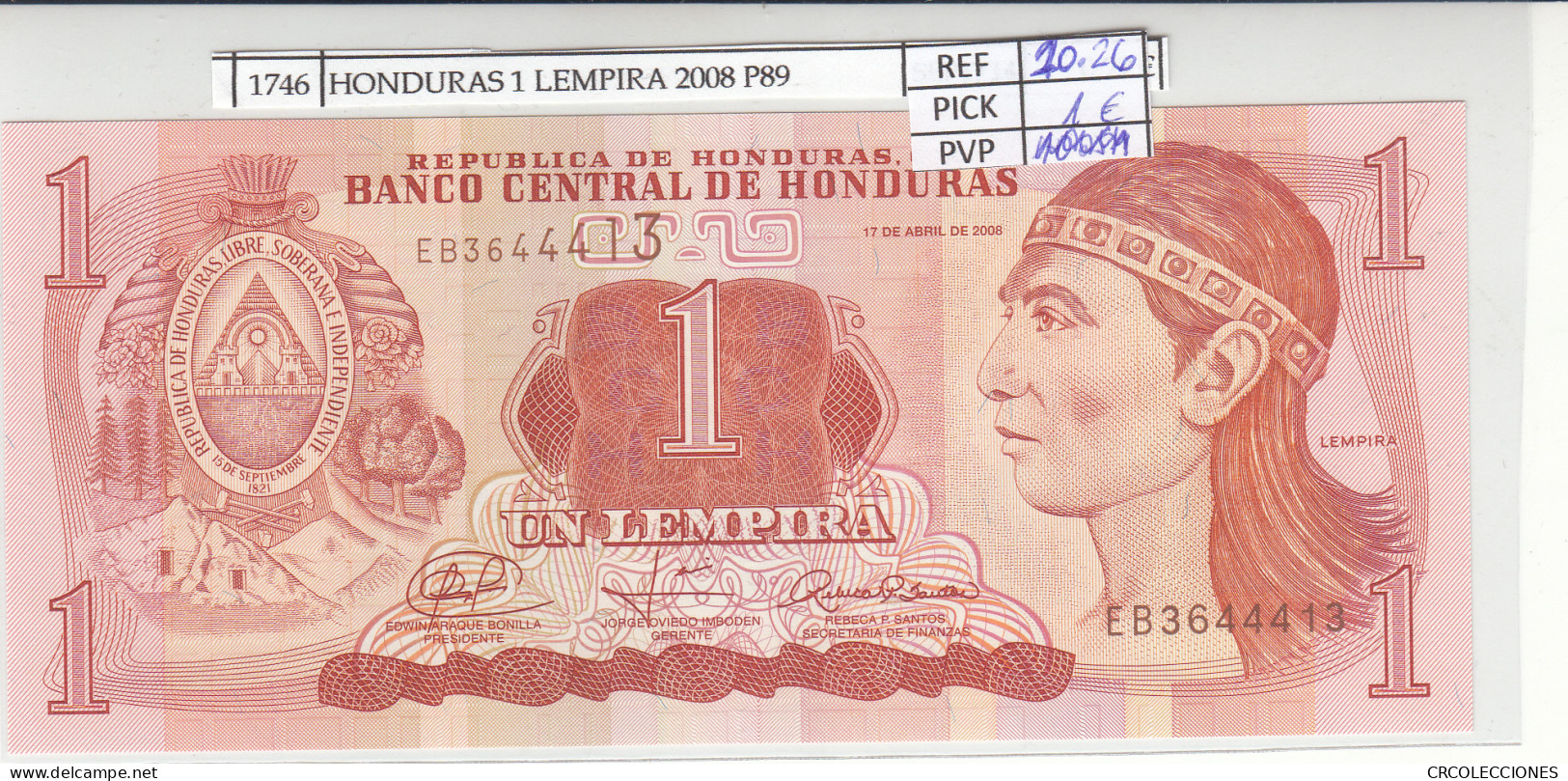 BILLETE HONDURAS 1 LEMPIRA 2008 P-89a  - Autres - Amérique