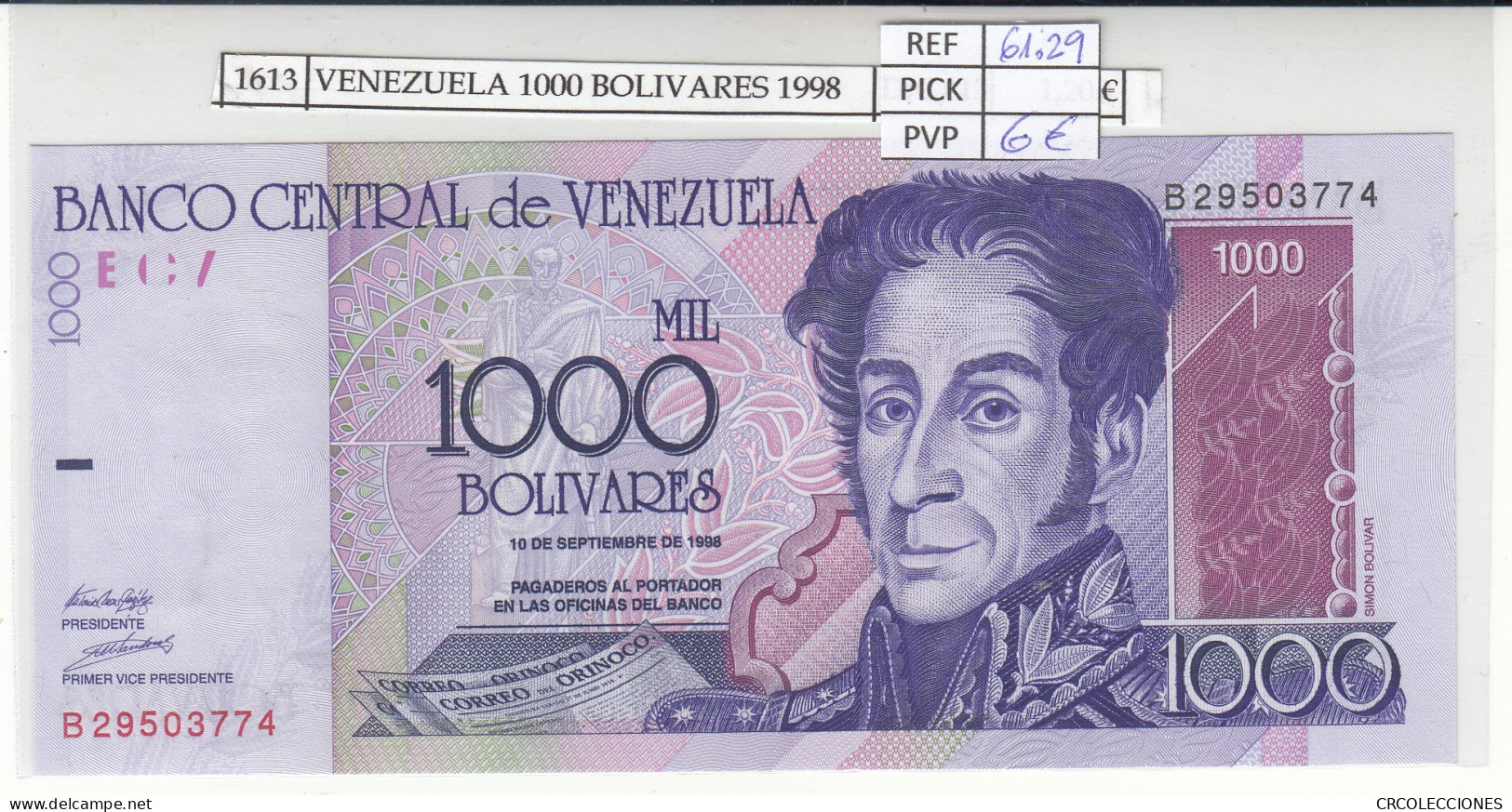 BILLETE VENEZUELA 1.000 BOLIVARES 1998 P-79  - Autres - Amérique