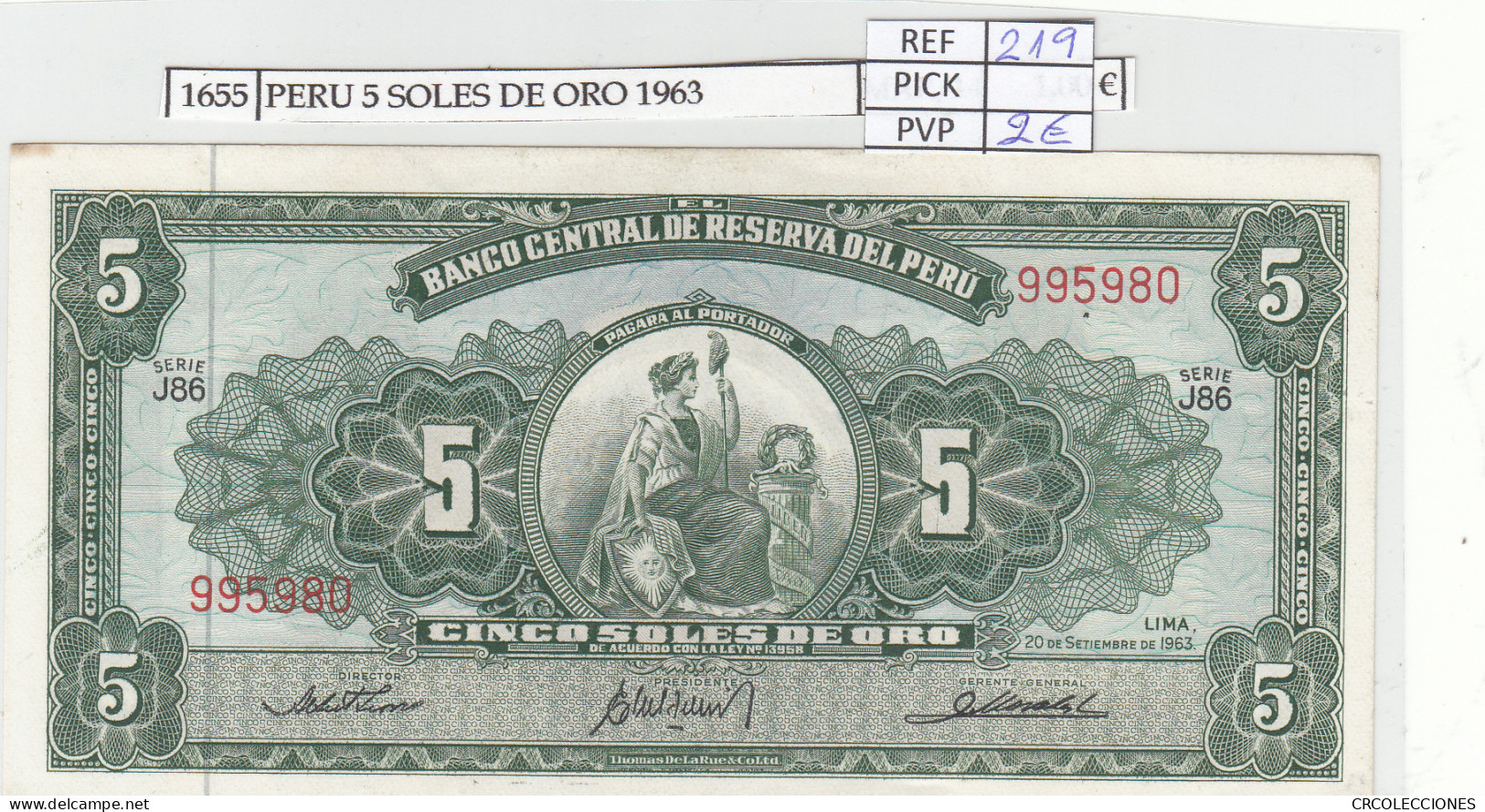 BILLETE PERU 5 SOLES DE ORO 1963 P-83a.2  - Other - America