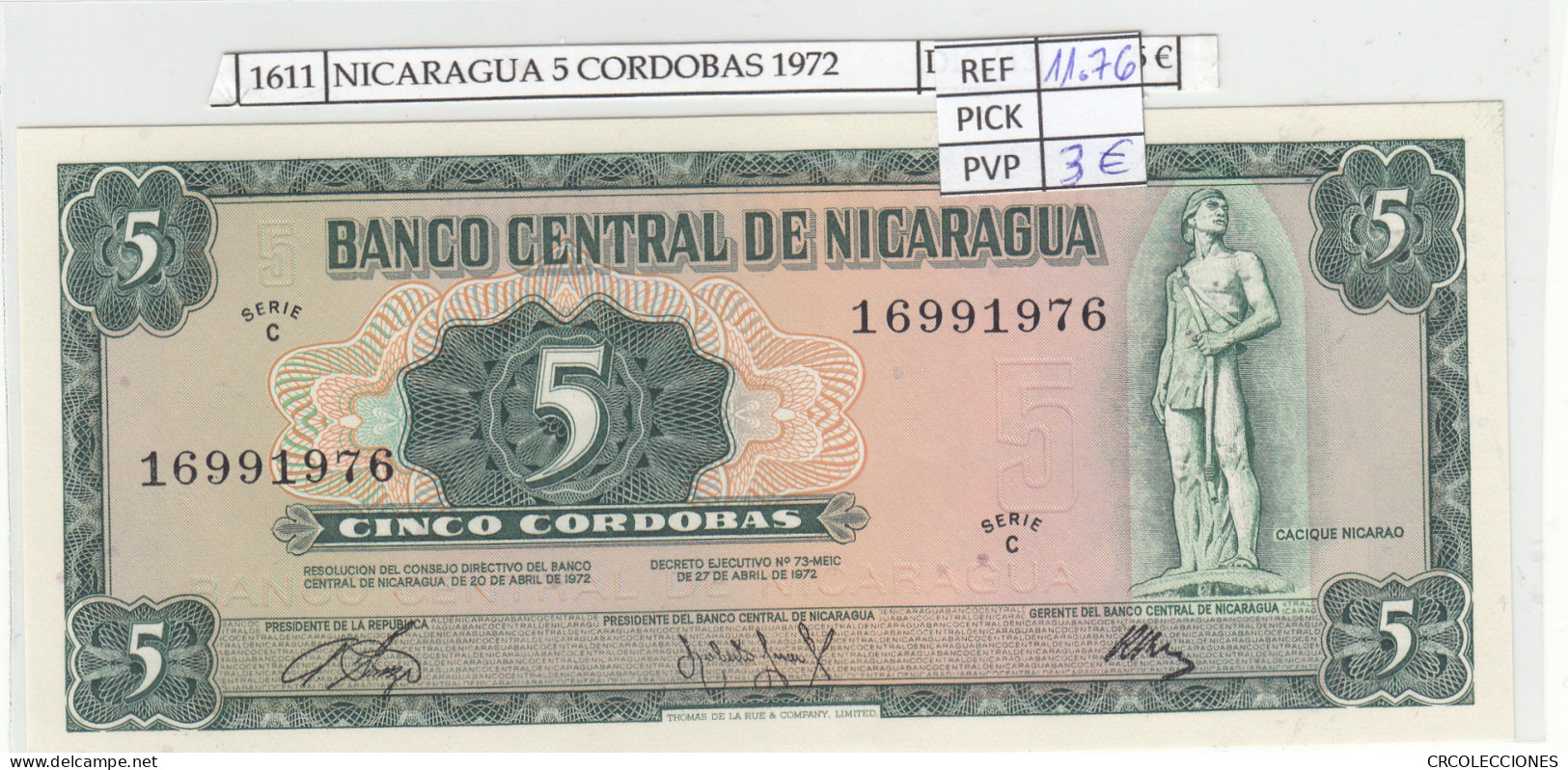 BILLETE NICARAGUA 5 CORDOBAS 1972 P-122a  - Altri – America