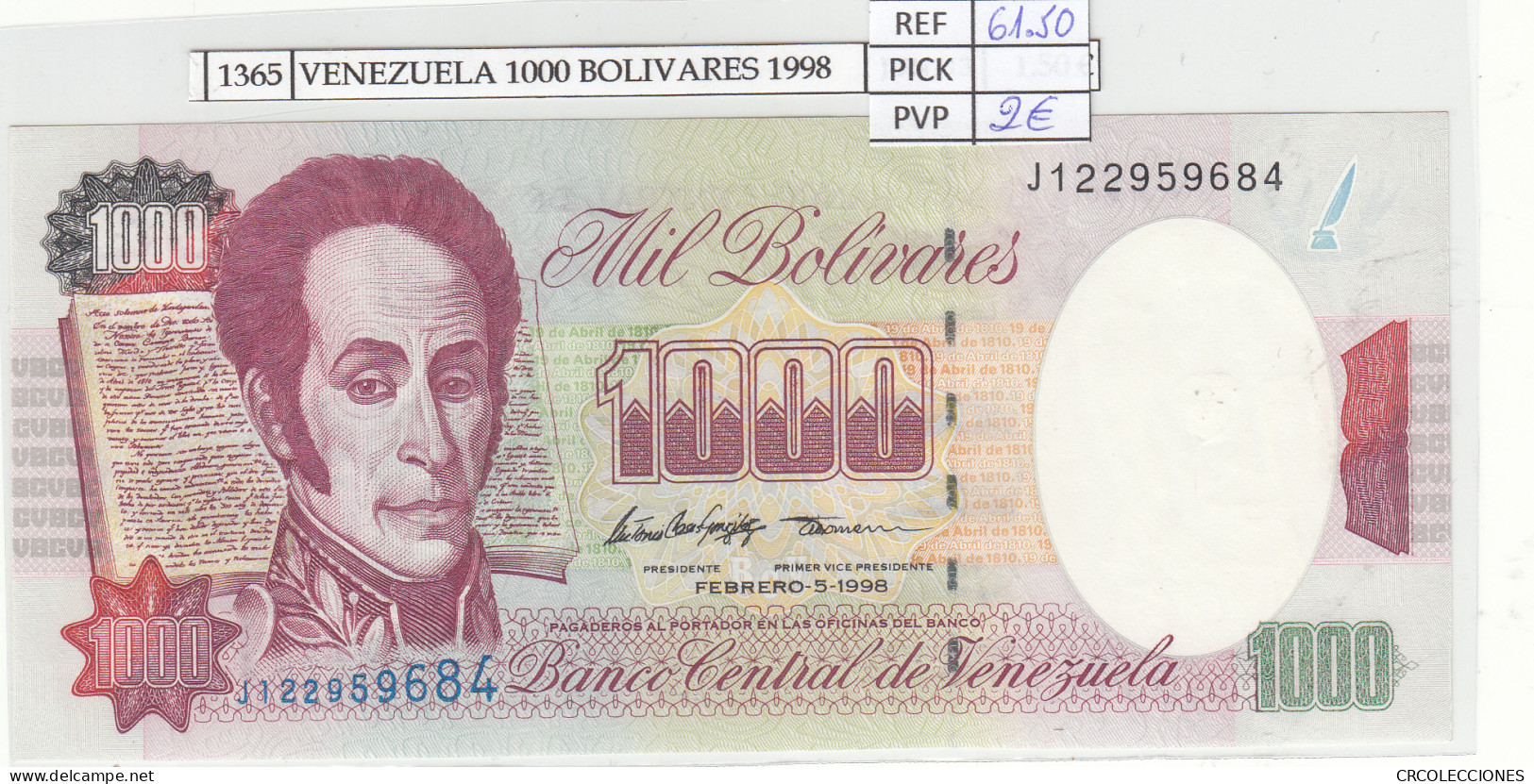 BILLETE VENEZUELA 1.000 BOLIVARES 1998 P-76c  - Autres - Amérique