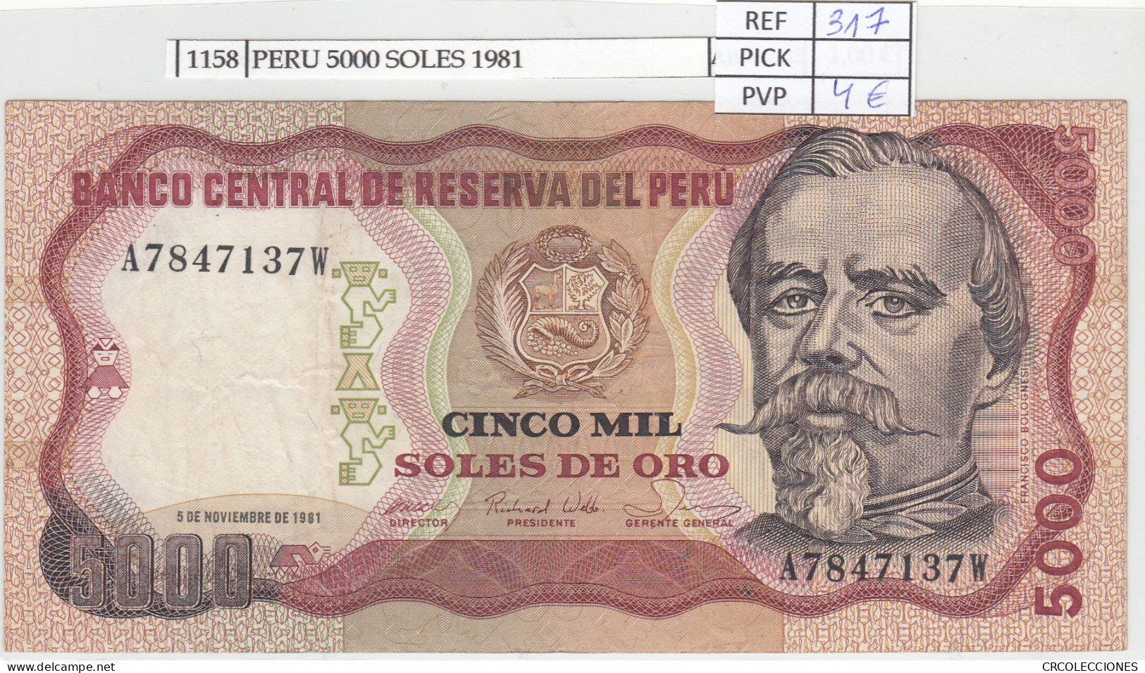 BILLETE PERU 5.000 SOLES 1981 P-123a  - Otros – América