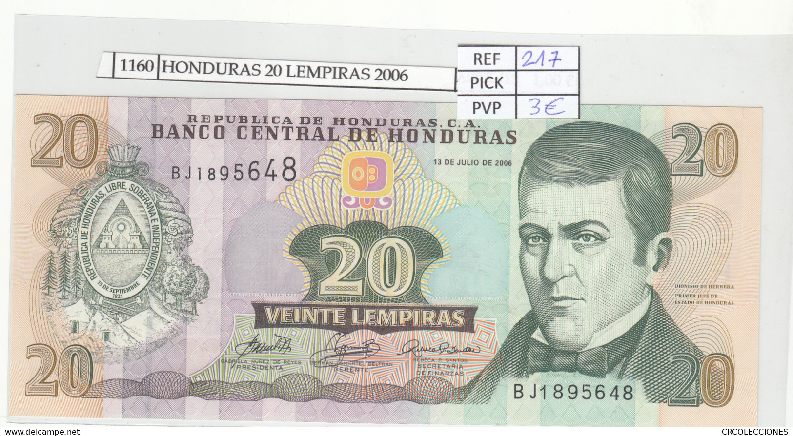 BILLETE HONDURAS 20 LEMPIRAS 2006 P-93a  - Altri – America