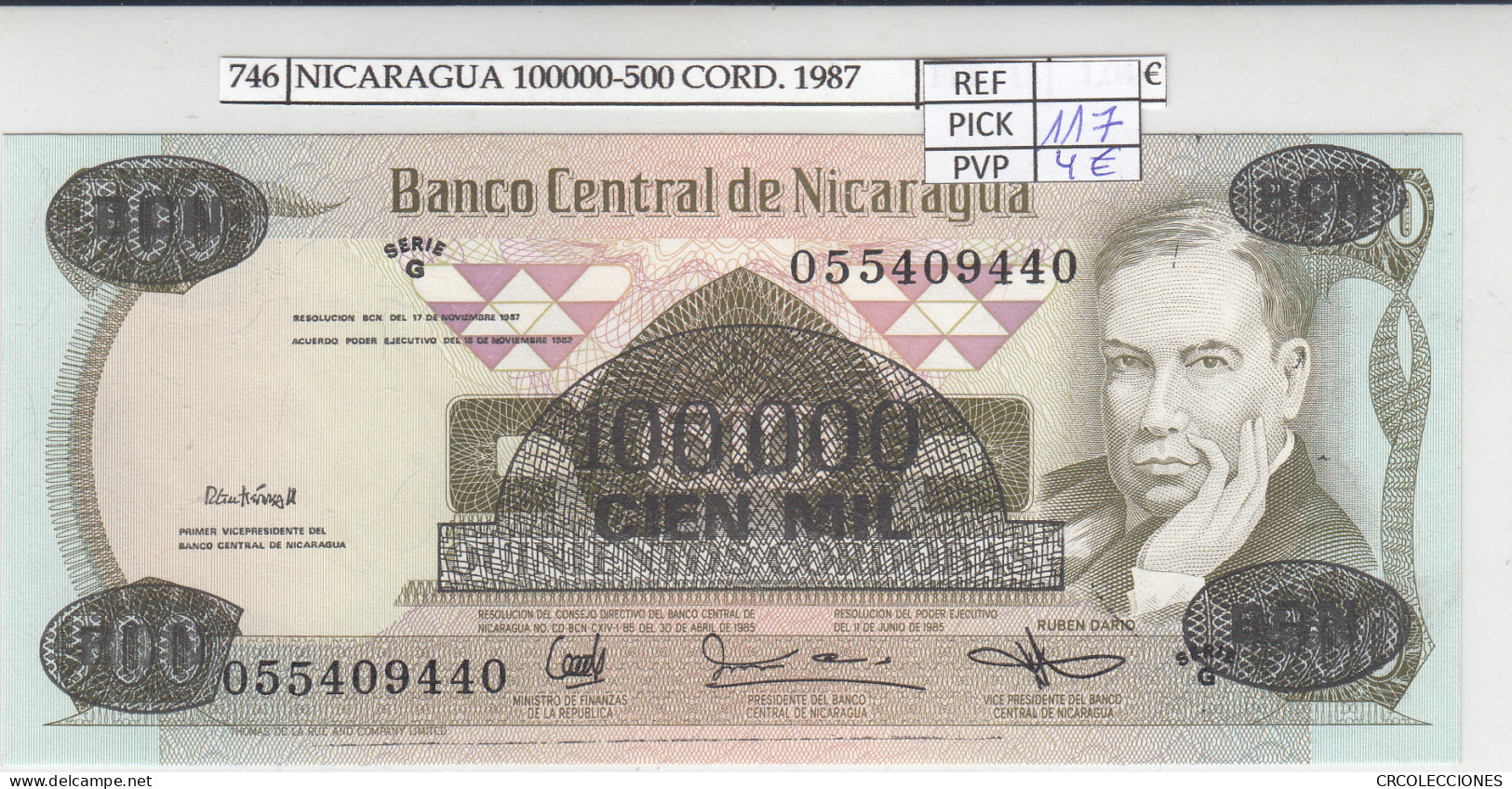 BILLETE NICARAGUA 500 CORDOBAS RS 1987 P-149 - Altri – America