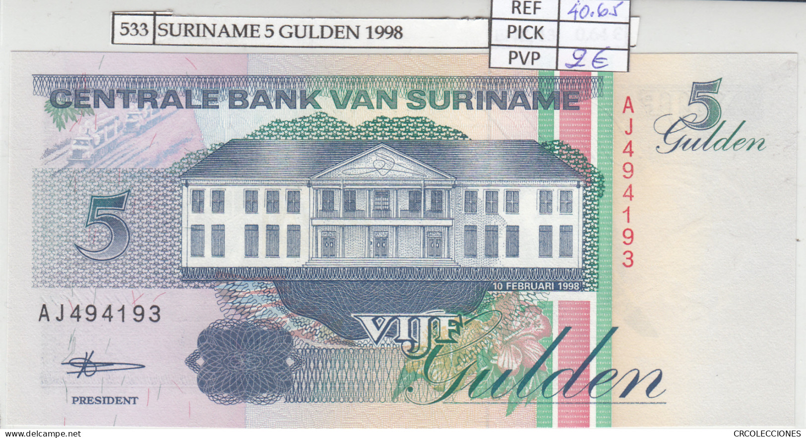 BILLETE SURINAME 5 GULDEN 1998 P-136b.3 - Sonstige – Amerika