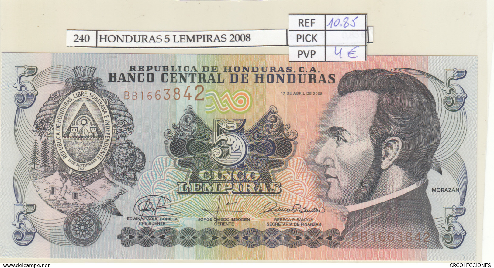 BILLETE HONDURAS 5 LEMPIRAS 2008 P-91b  - Other - America