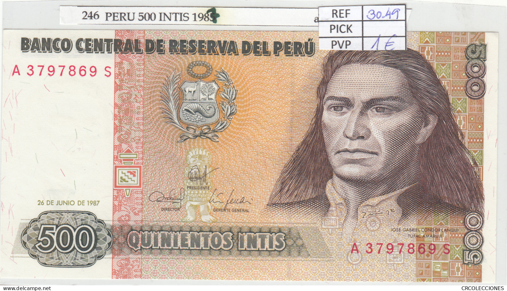 BILLETE PERU 500 INTIS 1987 P-134b - Sonstige – Amerika