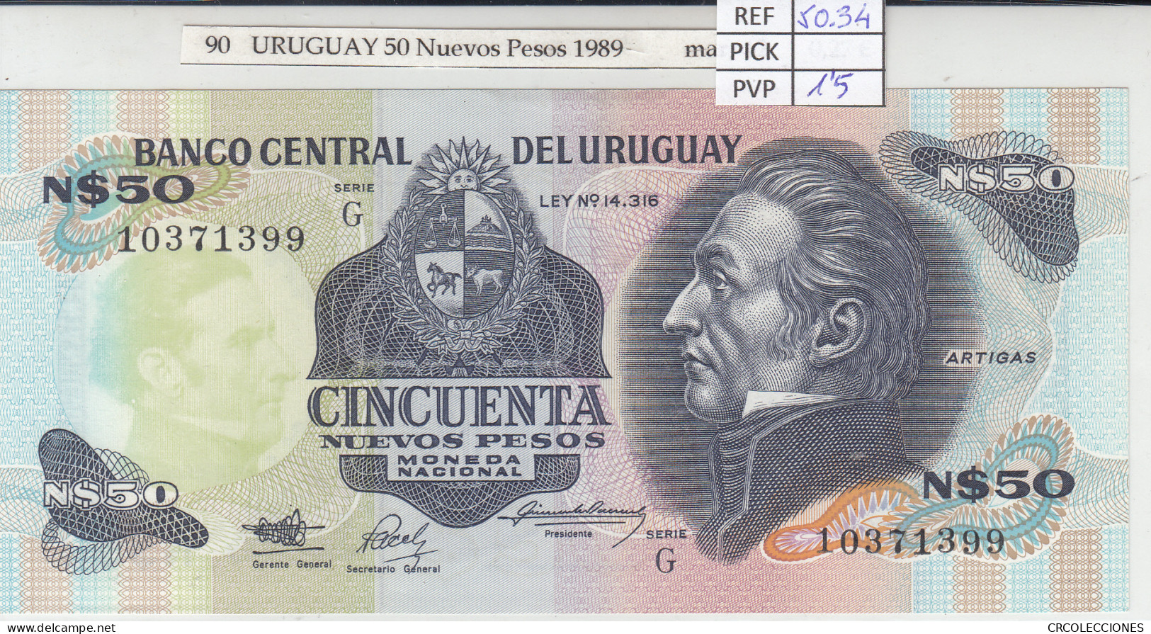 BILLETE URUGUAY 50 NUEVOS PESOS 1989 P-61Аb - Otros – América