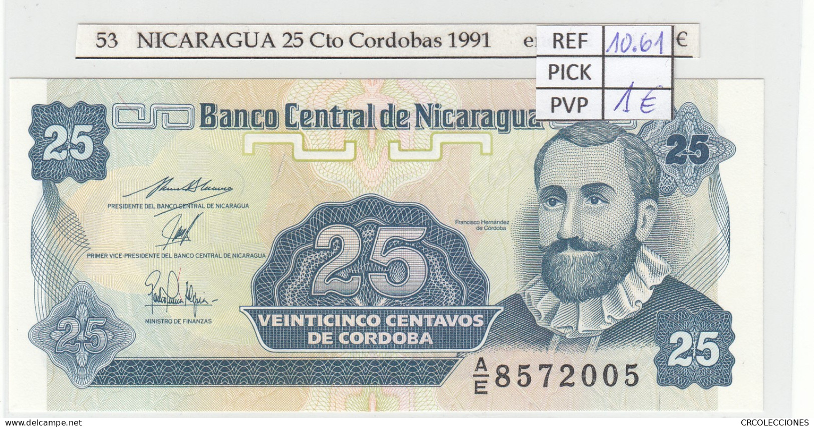 BILLETE NICARAGUA 25 CENTAVOS 1991 P-170a.2 - Sonstige – Amerika