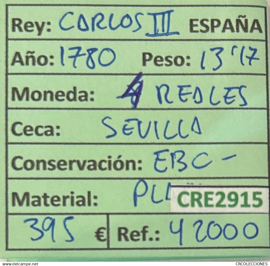 CRE2915 MONEDA ESPAÑA CARLOS III 8 REALES 1780 SEVILLA PLATA - Other & Unclassified