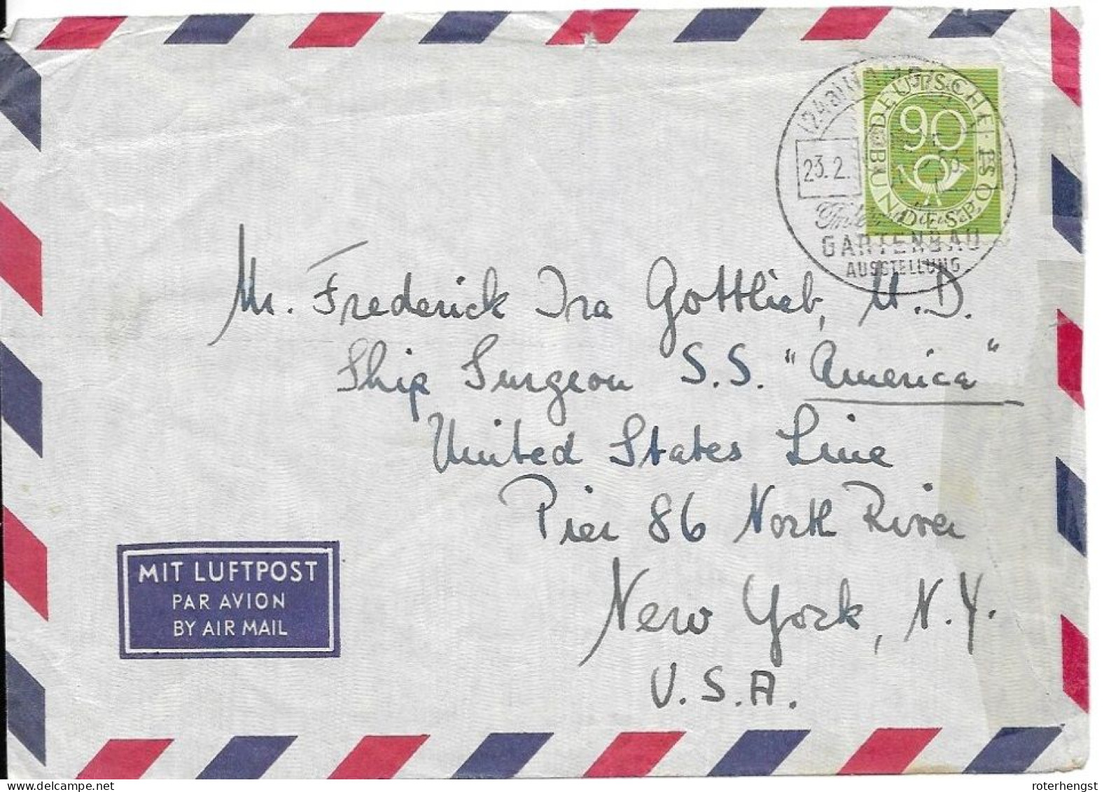 Posthorn Hamburg Gartenbau Ausstellung Letter To New York USA 1952 60 Euros++ - Briefe U. Dokumente