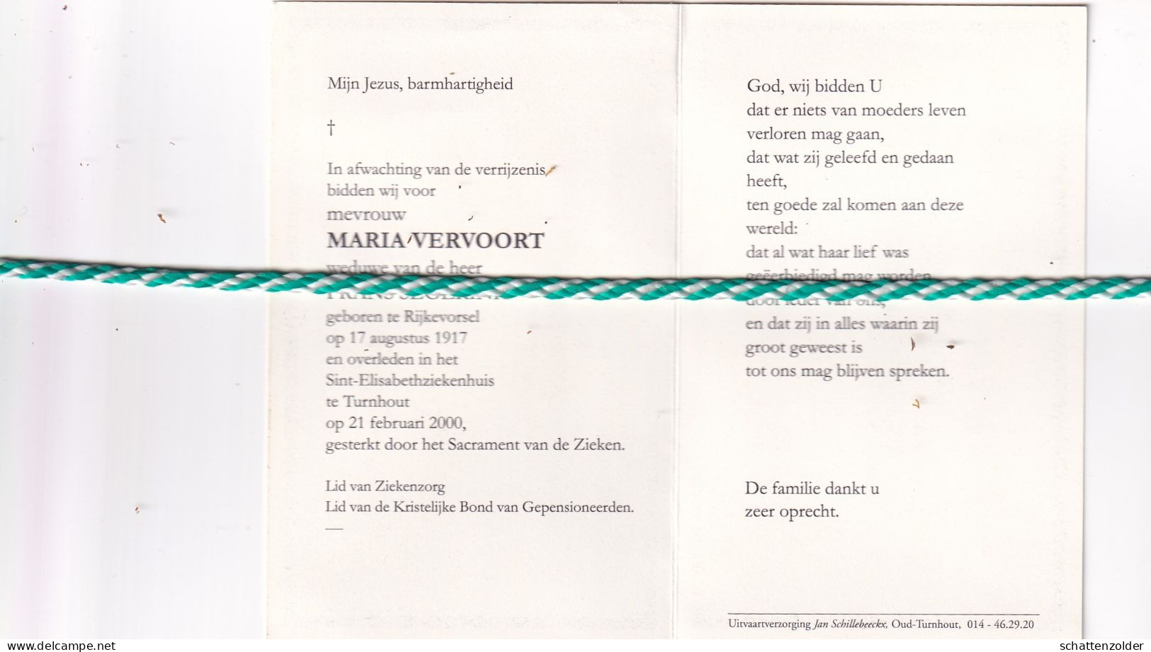 Maria Vervoort-Segerink, Rijkevorsel 1917,Turnhout 2000 - Décès