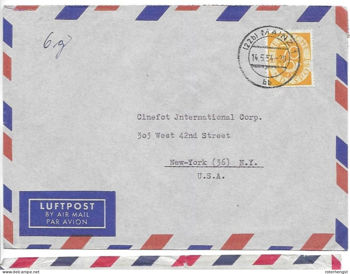 Posthorn Mainz Letter To New York USA 1952 65 Euros - Brieven En Documenten