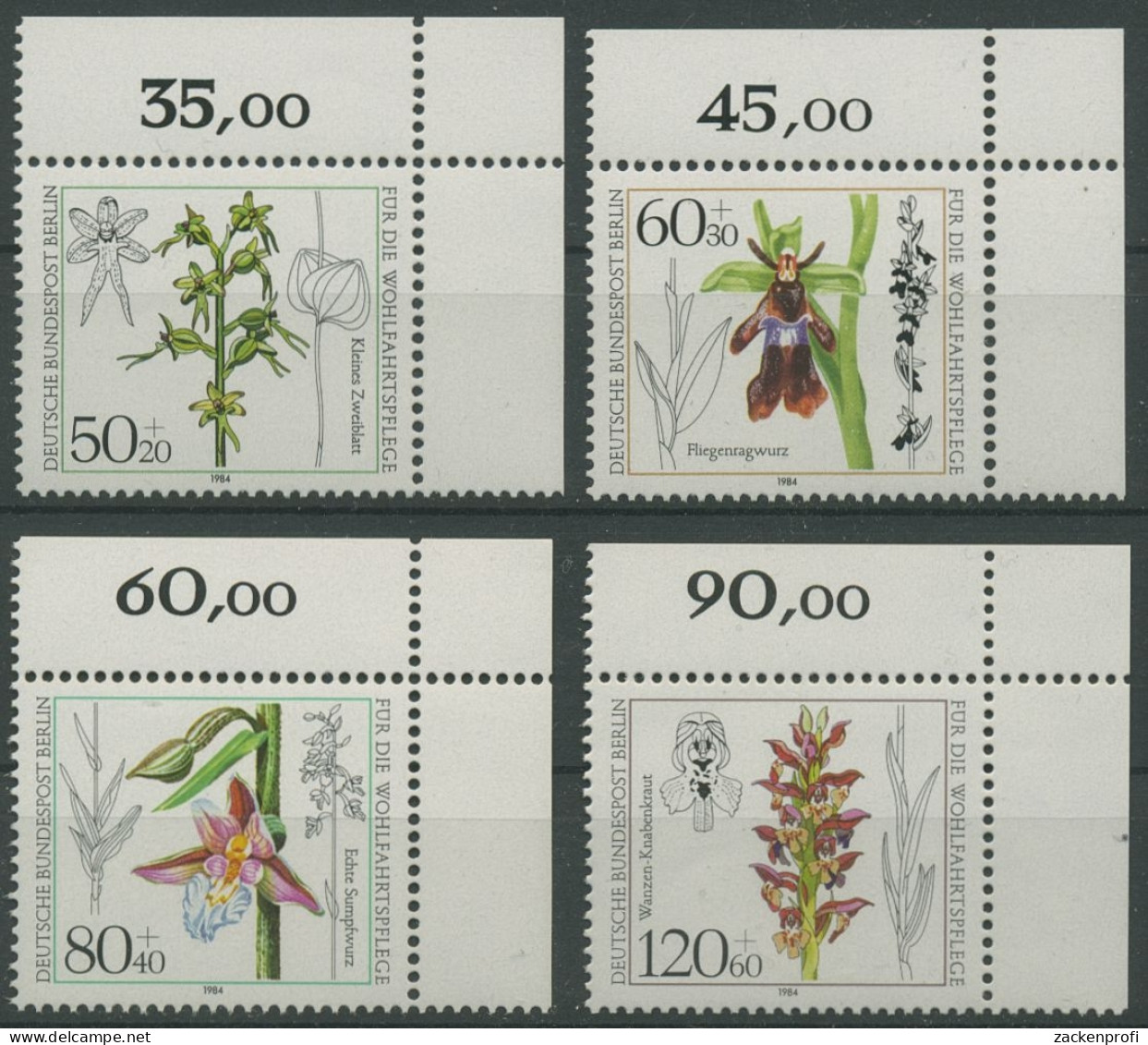 Berlin 1984 Wohlfahrt: Orchideen 724/27 Ecke Oben Rechts Postfrisch (R13258) - Ungebraucht