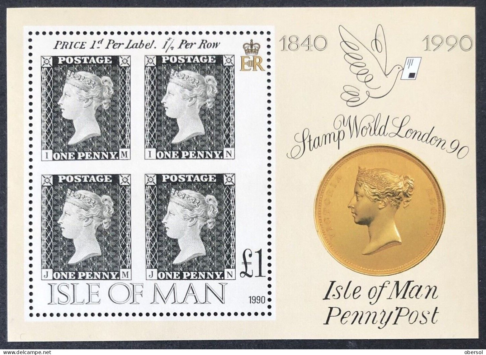 Isle Of Man 1990  #424 Stamp World London Penny Black SS MNH - Isle Of Man