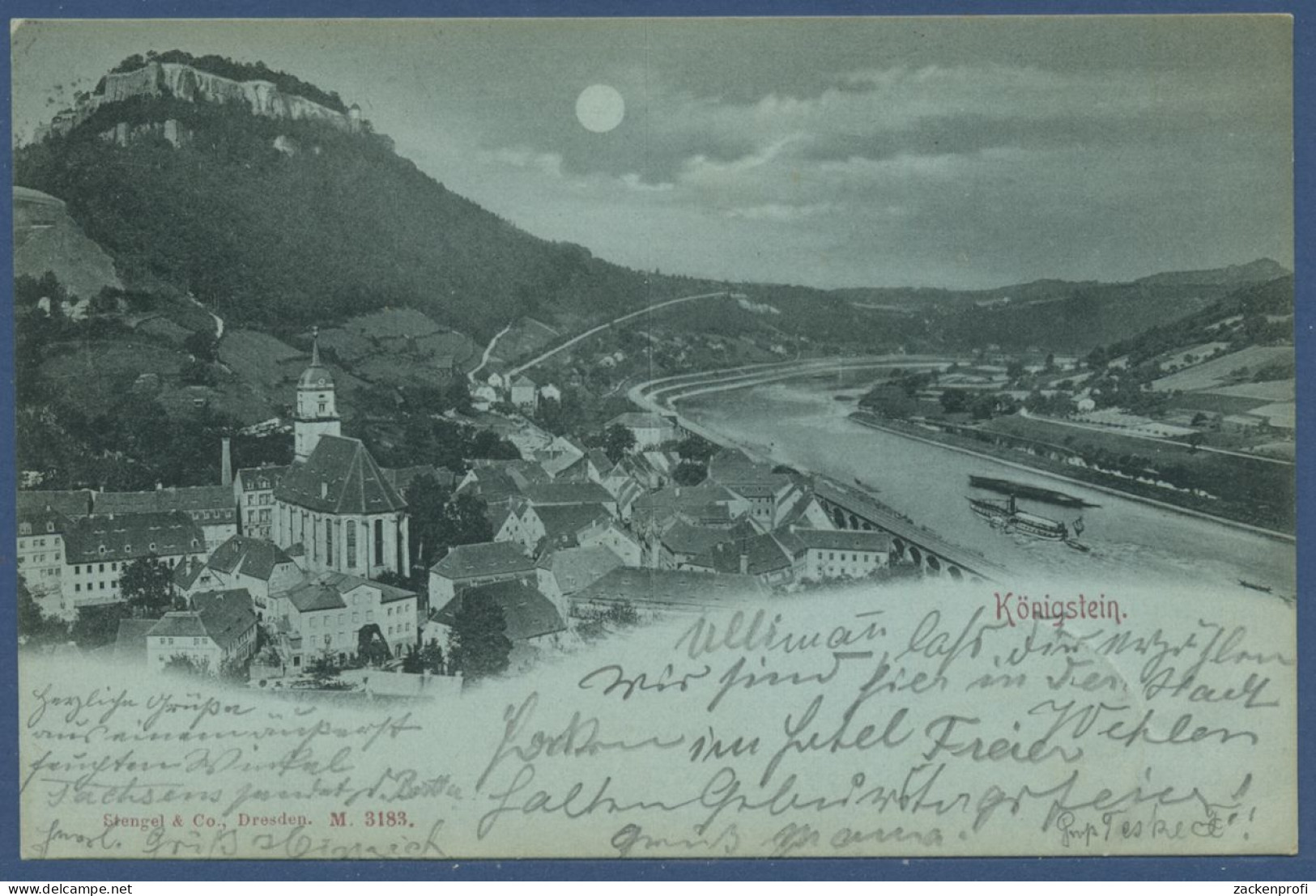 Königstein Mondscheinkarte Panorama Mit Elbe, Gelaufen 1899 (AK1121) - Koenigstein (Saechs. Schw.)