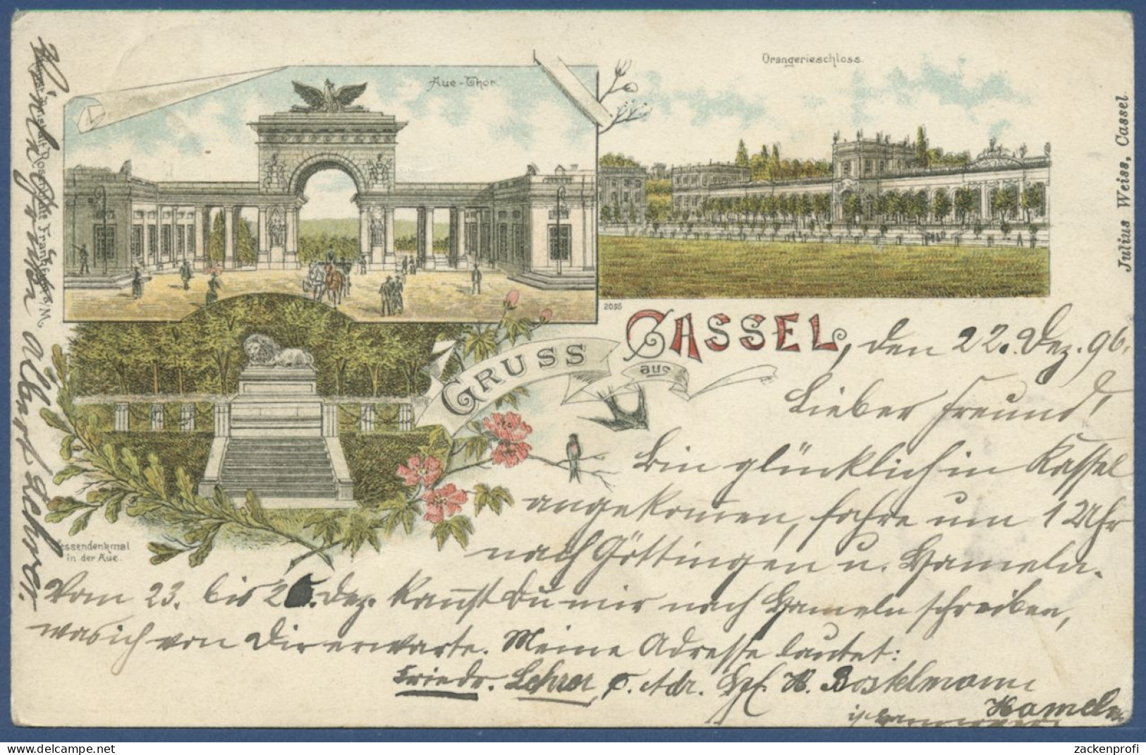 Gruss Aus Kassel Auetor Orangerie Hessendenkmal, Gelaufen 1896 (AK1074) - Kassel