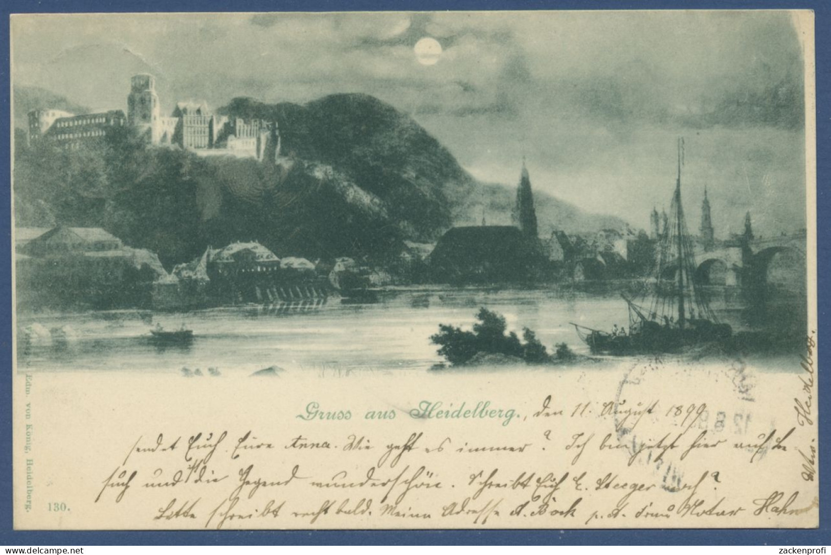 Gruß Aus Heidelberg Blick über D. Neckar Mondscheinkarte, Gelaufen 1899 (AK1128) - Heidelberg