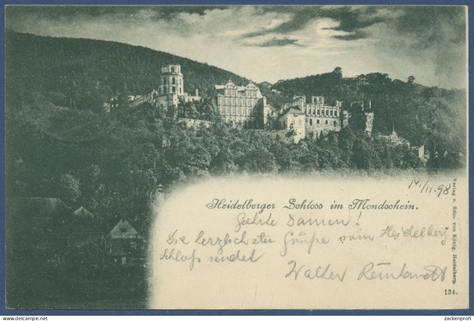 Heidelberger Schloß Im Mondschein, Gelaufen 1898 Mit Bahnpost (AK1131) - Heidelberg