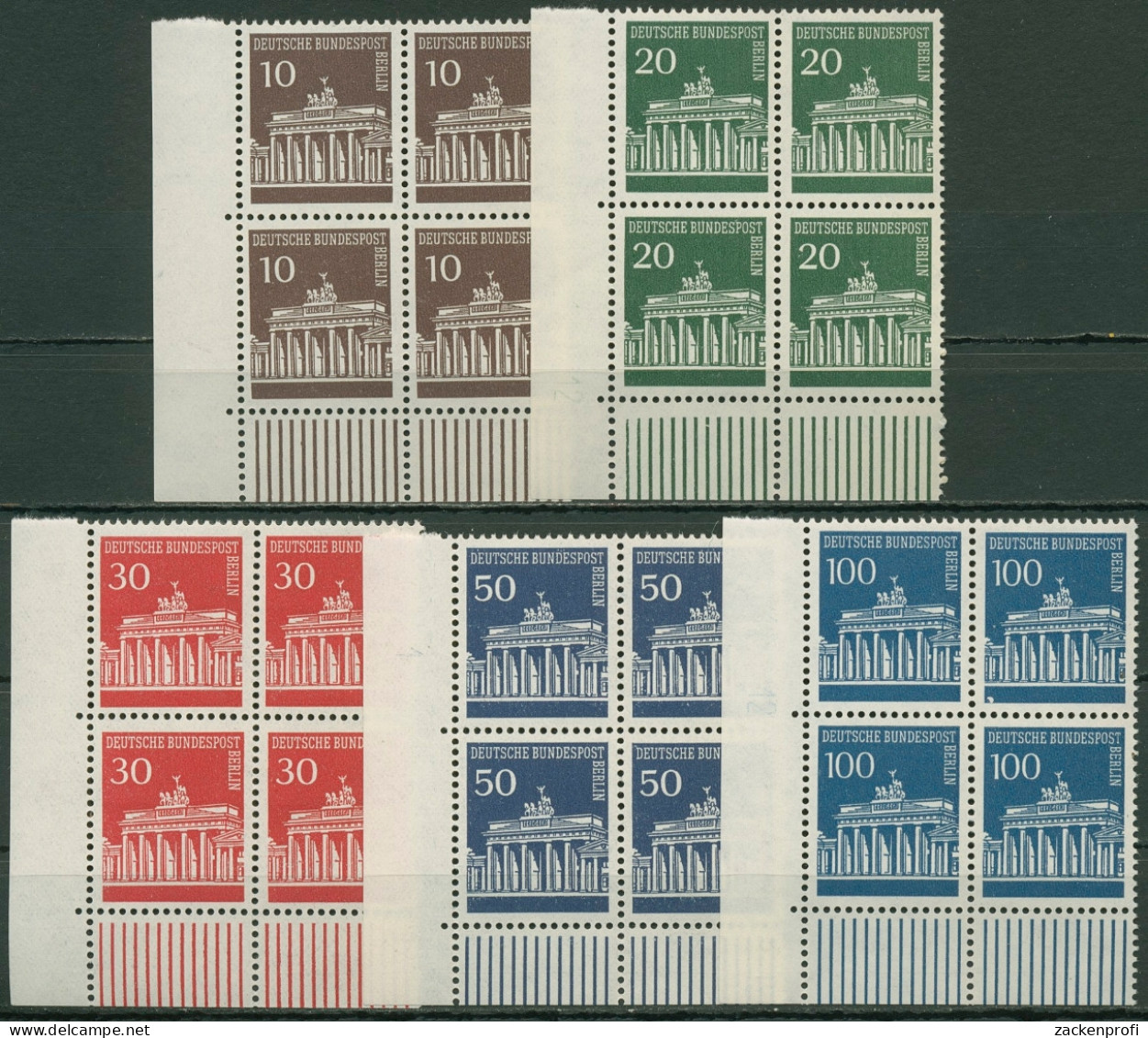 Berlin 1966 Brandenburger Tor Bogenmarken 286/90 4er-Block Ecke L. U. Postfrisch - Unused Stamps