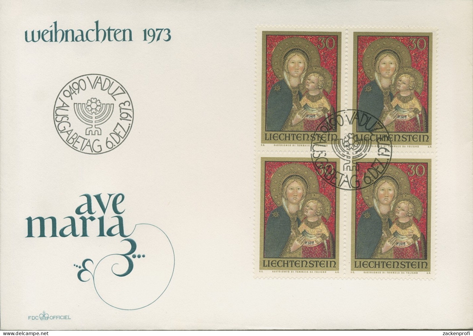 Liechtenstein 1973 Weinachten Ersttagsbrief 4er-Block 595 FDC (X16685) - FDC