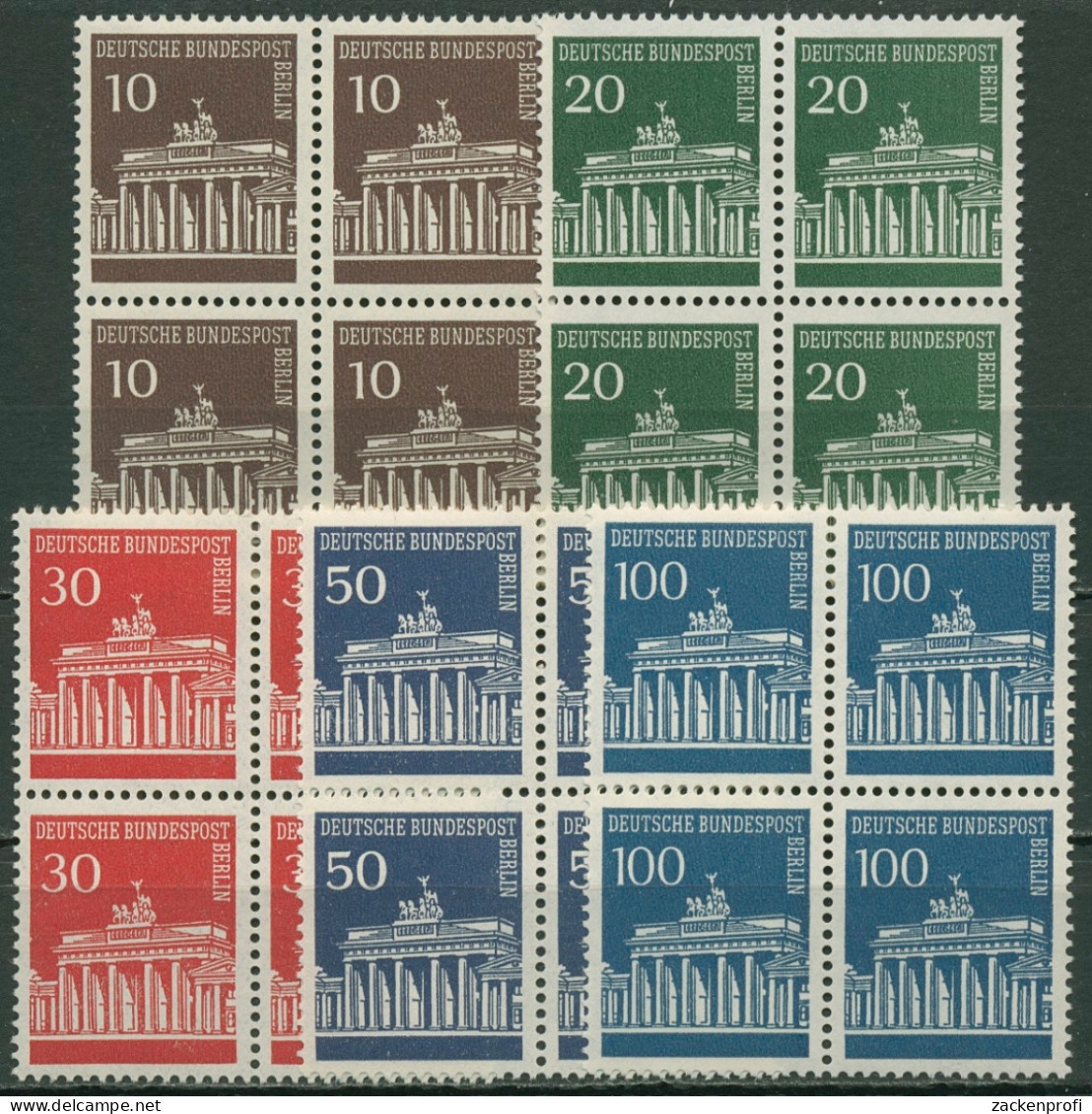 Berlin 1966 Brandenburger Tor Bogenmarken 286/90 4er-Block Postfrisch - Unused Stamps