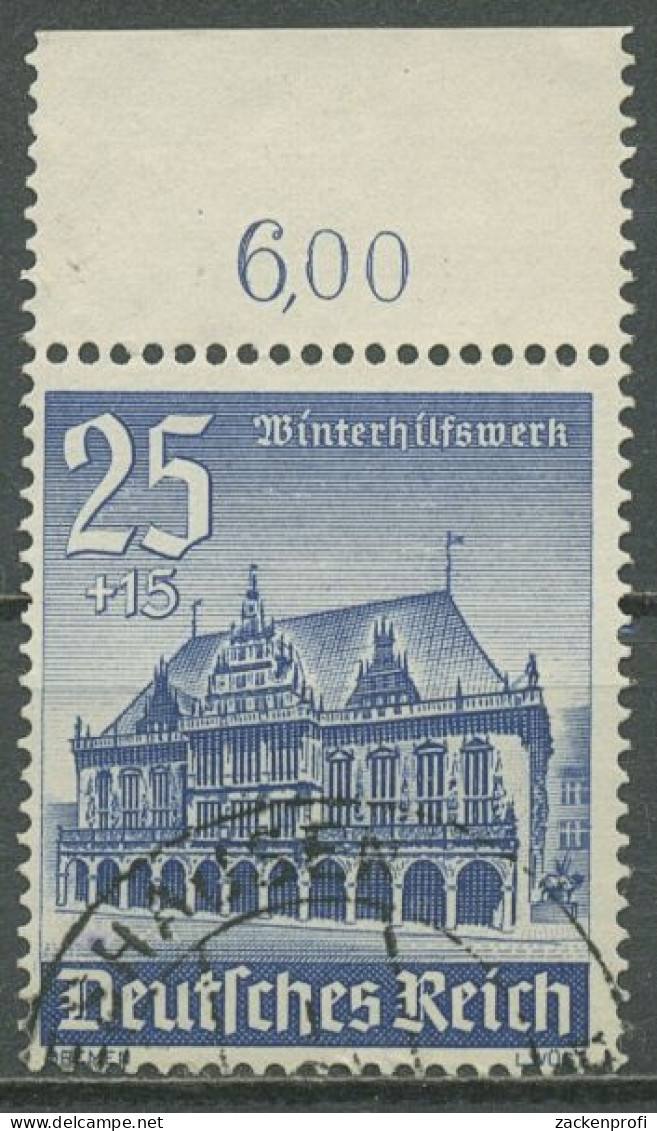 Deutsches Reich 1940 WHW Winterhilfswerk Rathaus Bremen Oberrand 758 Gestempelt - Gebruikt