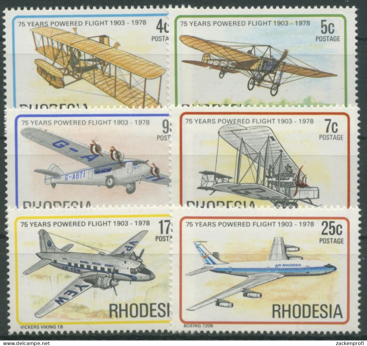 Rhodesien 1978 75 Jahre Erster Motorflug Flugzeuge 221/26 Postfrisch - Rhodesia (1964-1980)