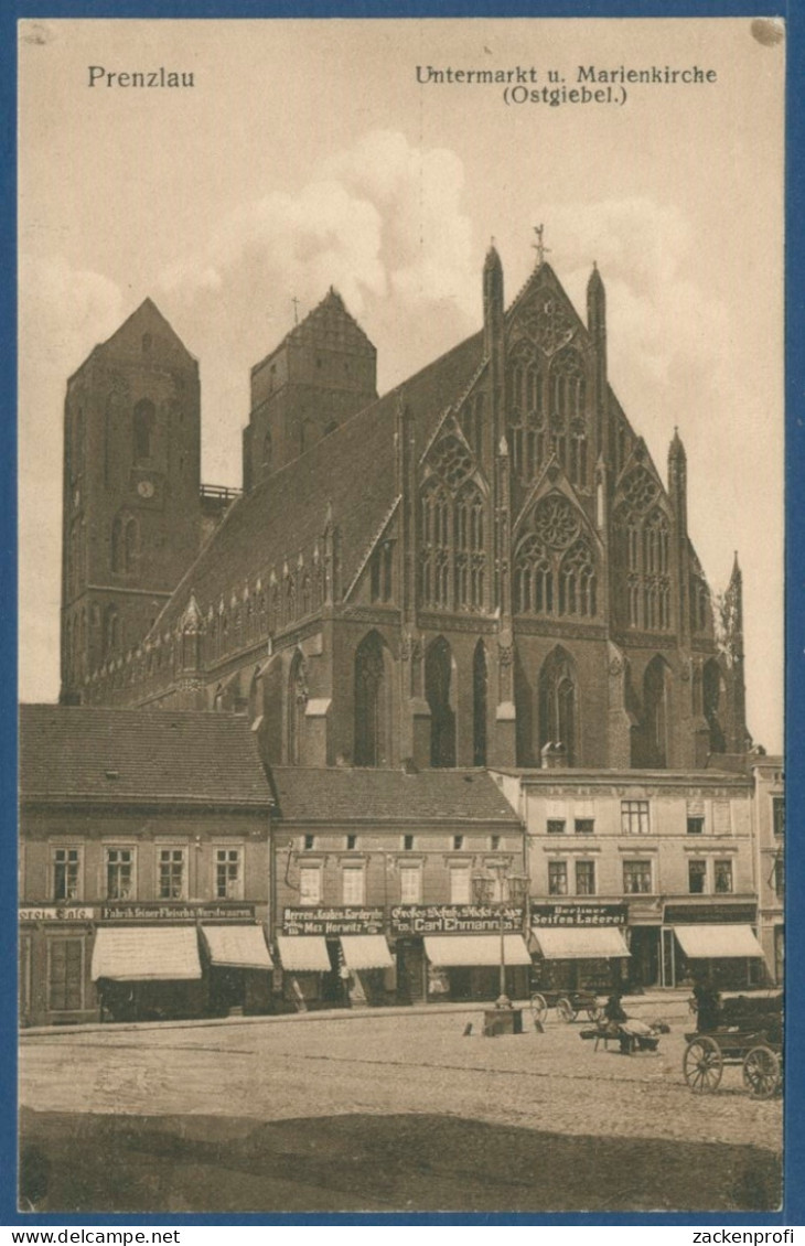 Prenzlau Marienkirche Schuhhaus Ehrmann Fleischerei, Gelaufen Feldpost (AK1882) - Prenzlau