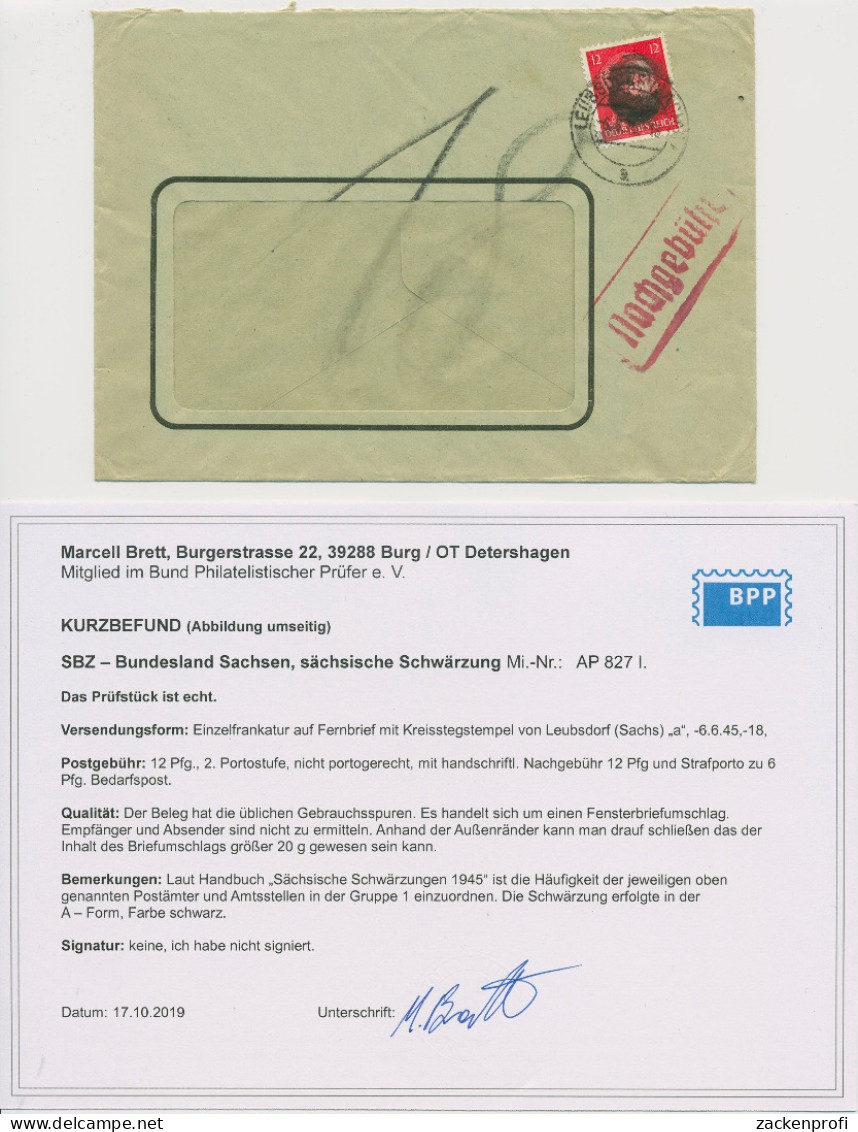 Sächsische Schwärzungen 1945 RPD Chemnitz AP 827 I Auf Brief Geprüft (X18492) - Altri & Non Classificati