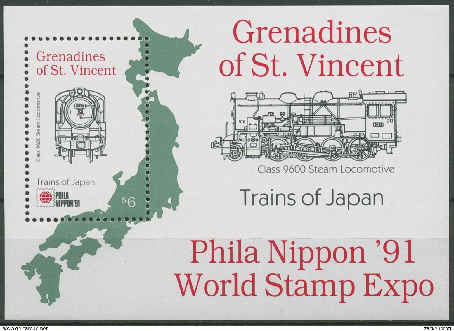 St. Vincent-Grenadinen 1991 PHILANIPPON Lokomotiven Block 76 Postfrisch (C94497) - St.Vincent Und Die Grenadinen