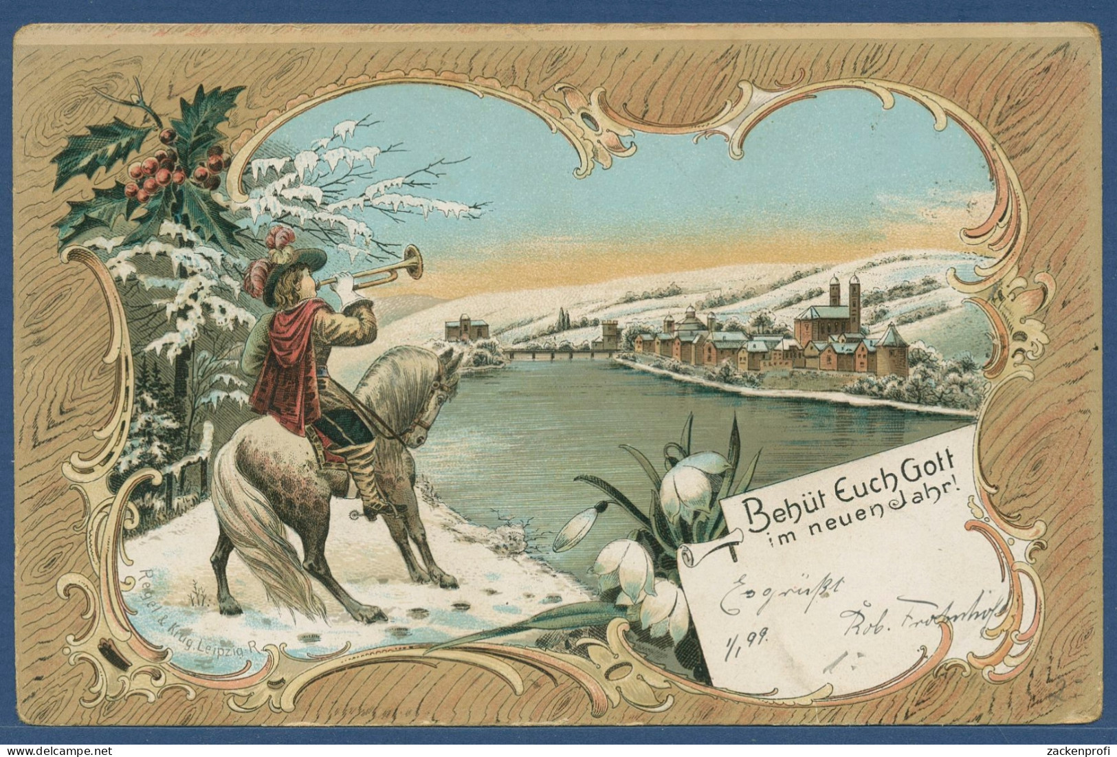 Behüt Euch Gott Im Neuen Jahr, Reiter Mit Trompete, Gelaufen 1898 (AK3451) - Neujahr