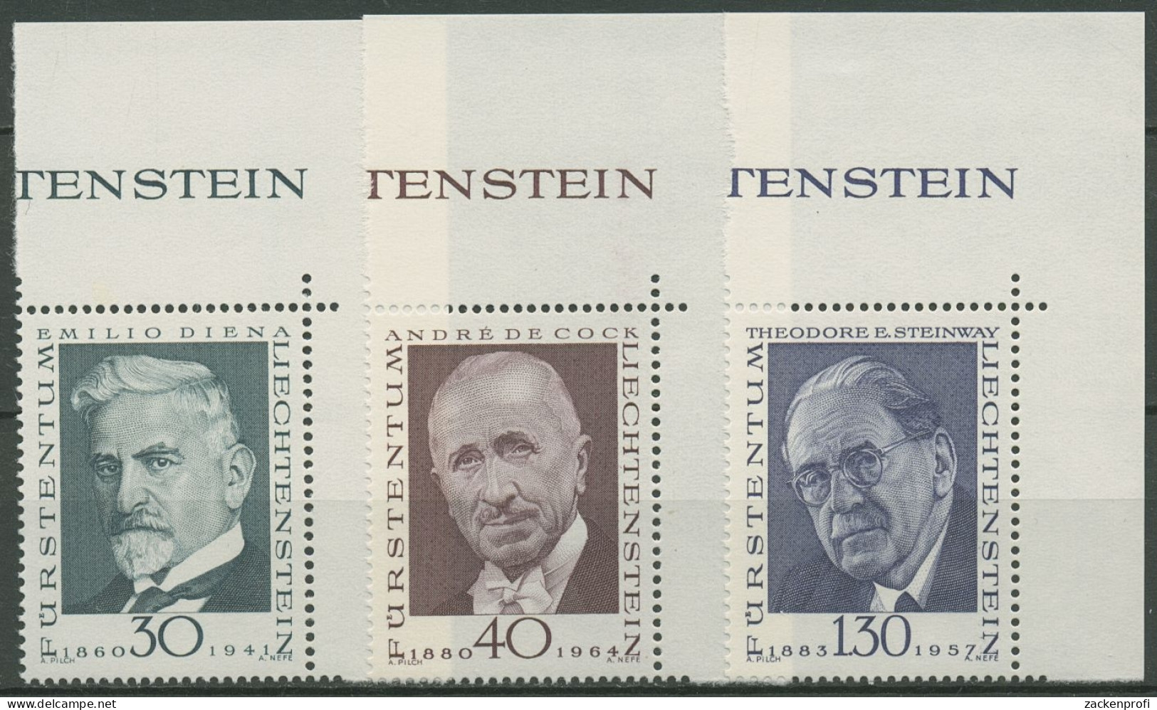 Liechtenstein 1972 Philatelisten Diena, De Cock, Steinway 570/72 Ecke Postfrisch - Nuevos