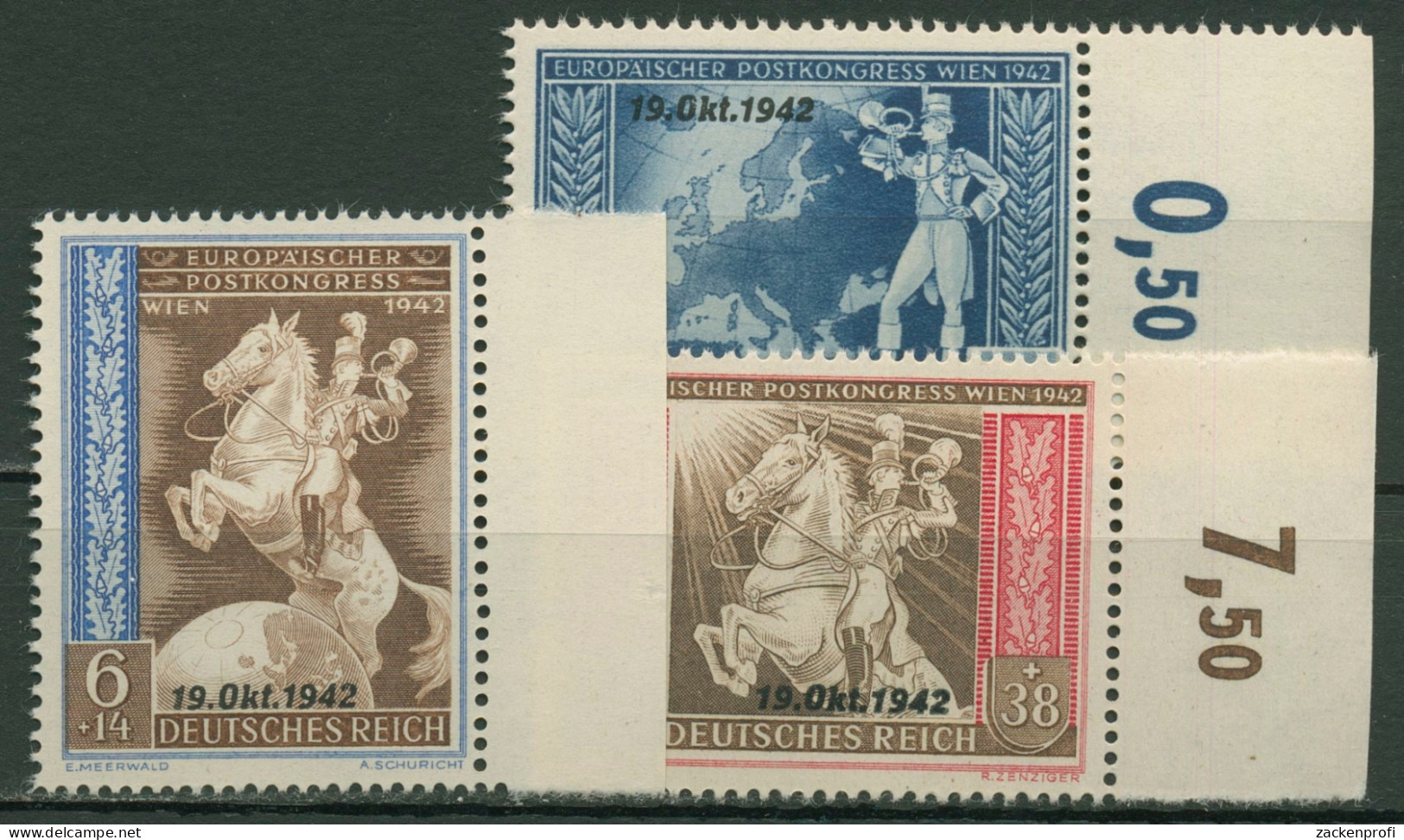 Deutsches Reich 1942 Postkongress Mit Aufdruck 823/25 Rand Rechts Postfrisch - Neufs