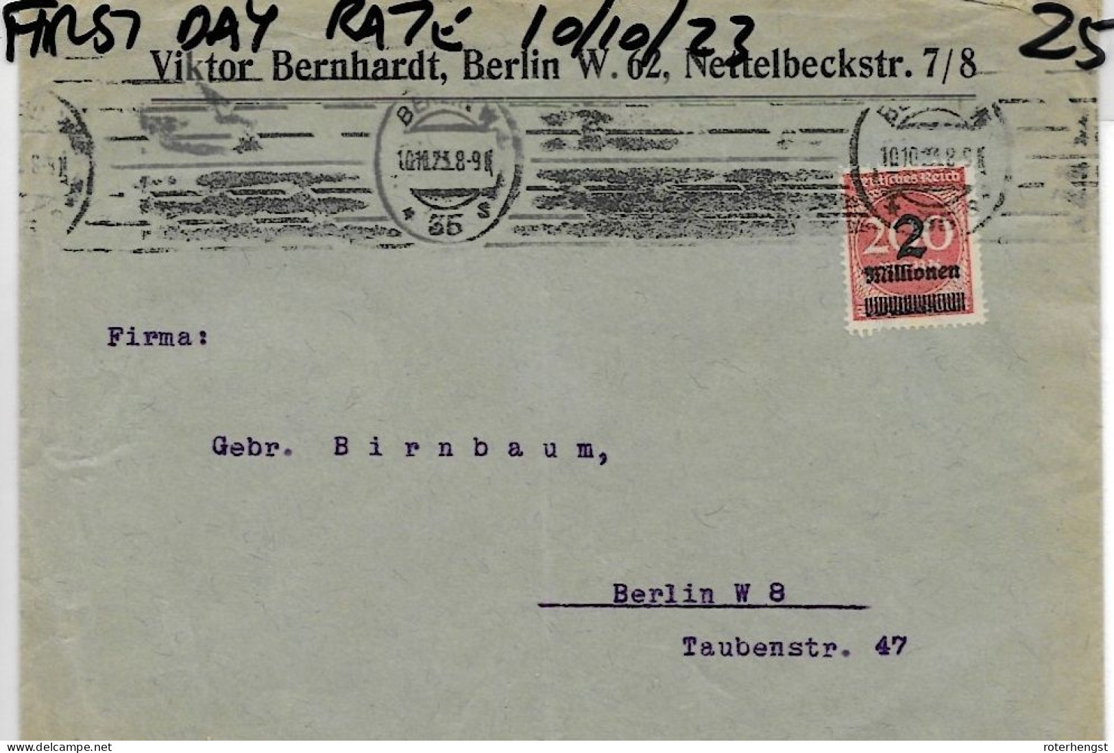 Infla Letter 10.10.1923 First Day Rate 2 Millions From And To Berlin - Brieven En Documenten