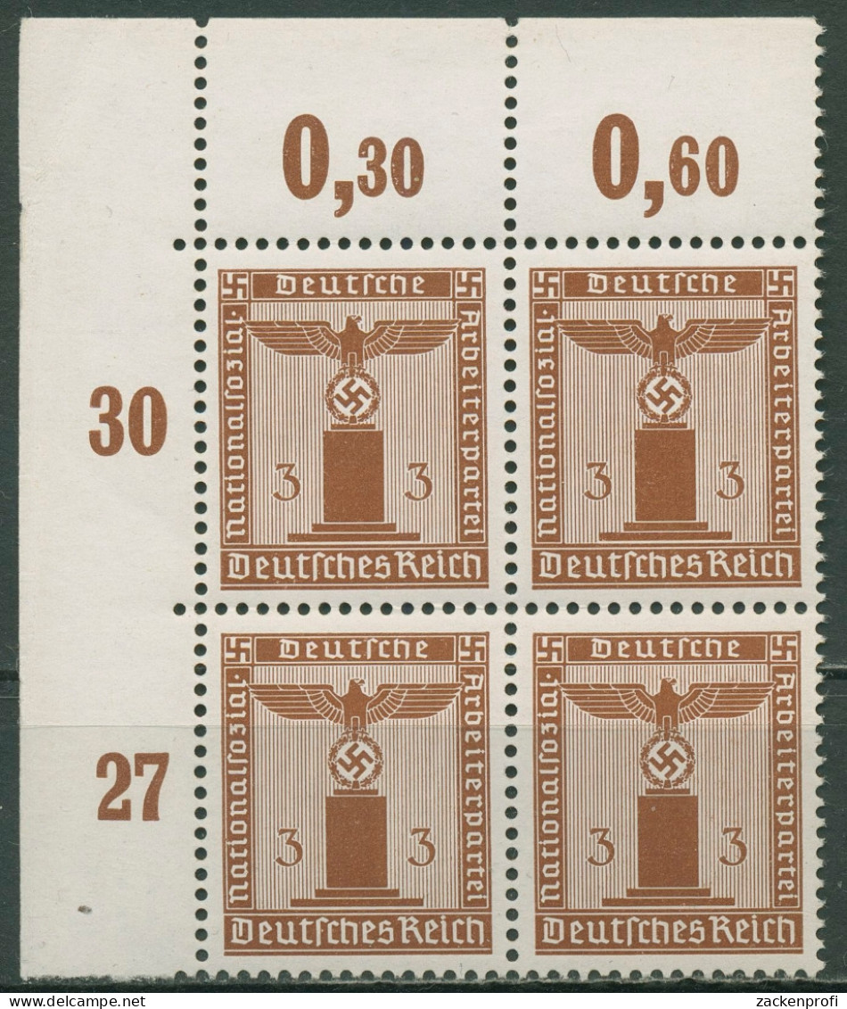 Dt. Reich Dienst 1942/44 Wg. Gummiriff. D 156 Y P OR 4er-Block Ecke 1 Postfrisch - Servizio