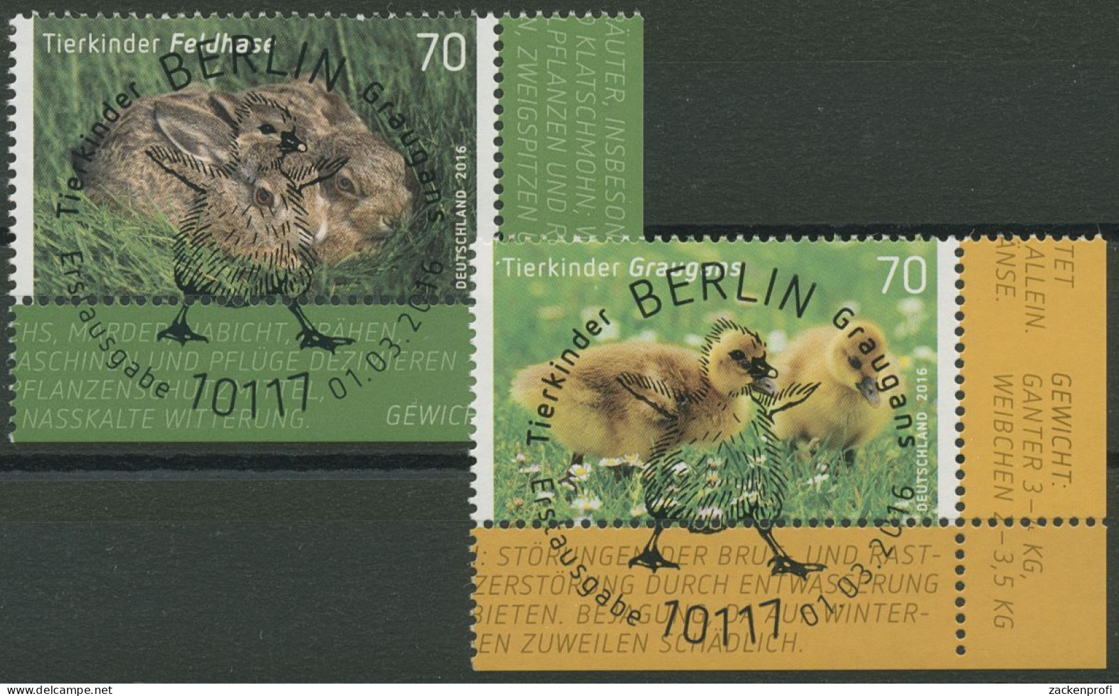 Bund 2016 Tierbabys Feldhase Graugans 3217/18 Ecke 4 Mit TOP-ESST Berlin (E4017) - Oblitérés