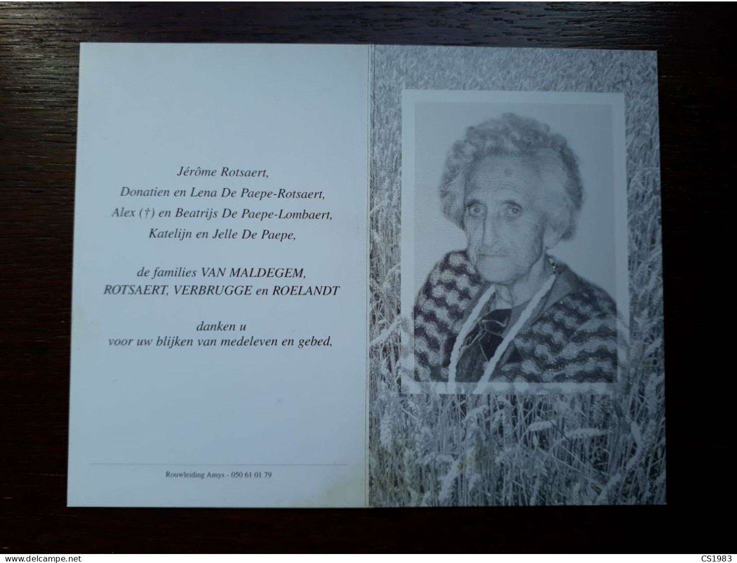 Julia Van Maldegem ° Knesselare 1917 + Knokke-Heist 2003 X Jérôme Rotsaert (Fam: Verbrugge-Roelandt-De Paepe-Lombaert) - Obituary Notices